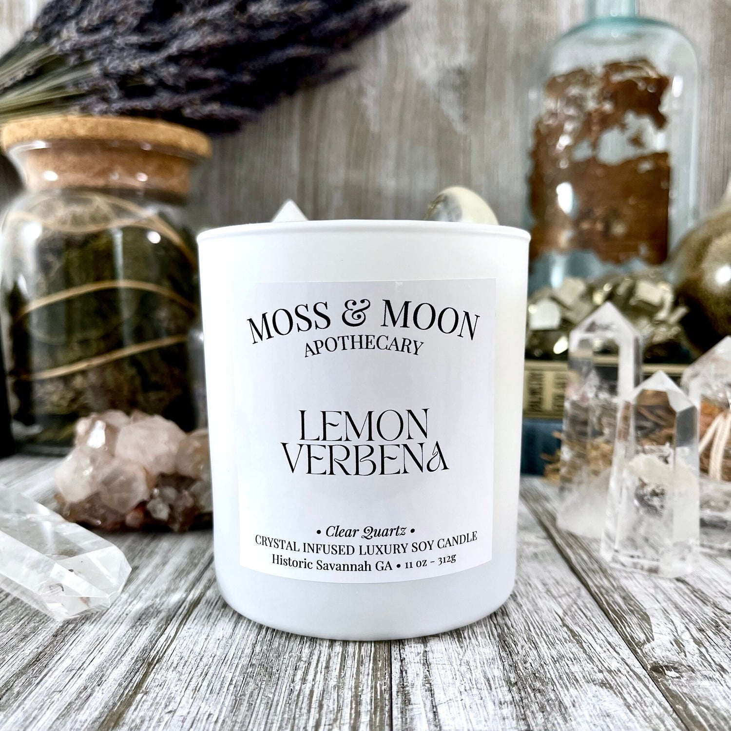 Lemon Verbena Candle with Clear Quartz - Moss & Moon Apothecary Crystal Infused Luxury Soy Candle