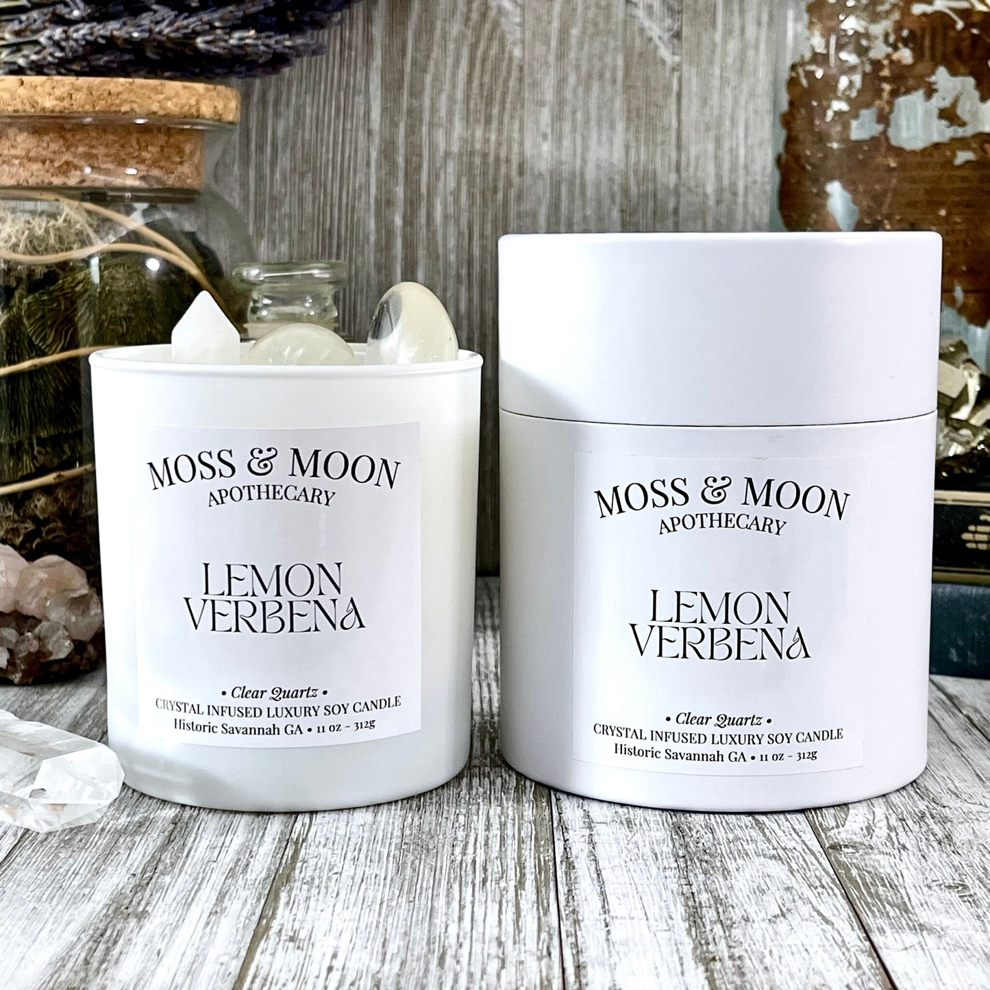 Lemon Verbena Candle with Clear Quartz - Moss & Moon Apothecary Crystal Infused Luxury Soy Candle
