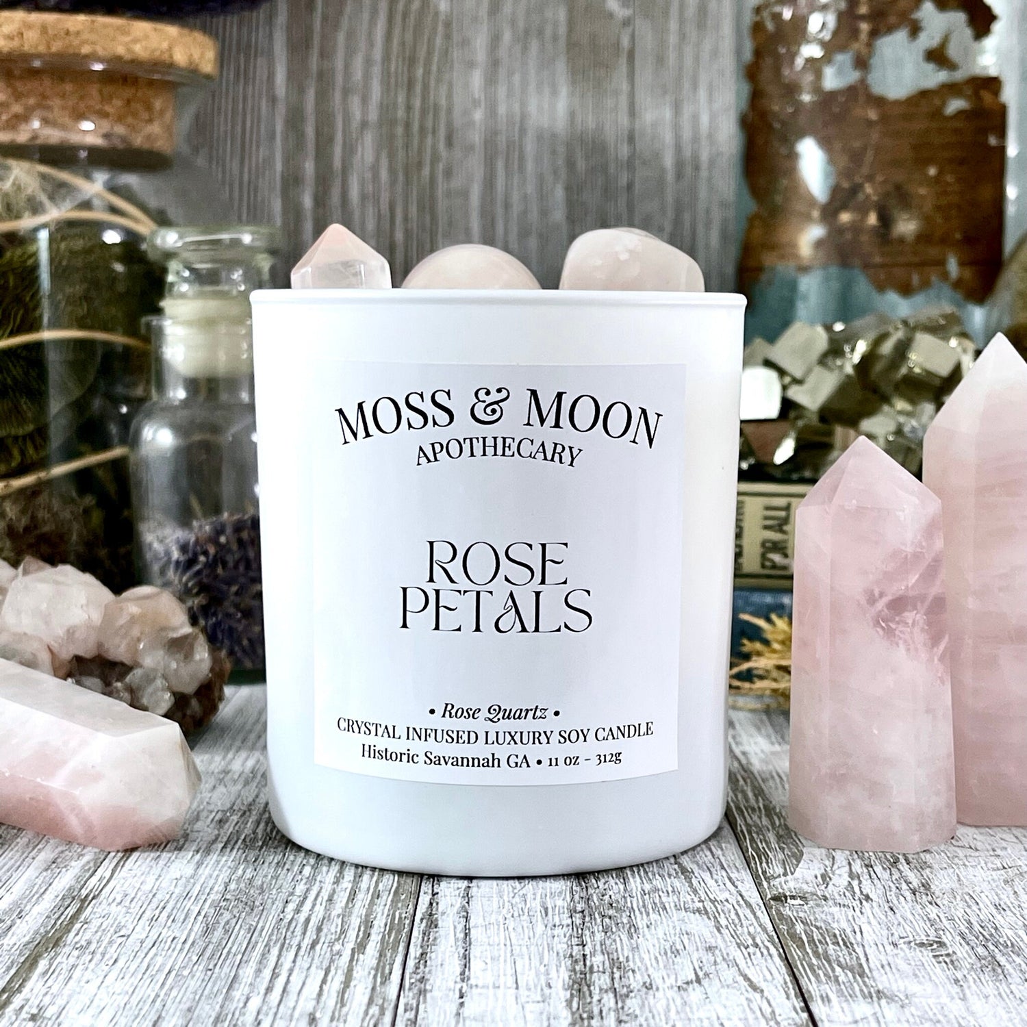 Rose Petals Candle with Rose Quartz - Moss & Moon Apothecary Crystal Infused Luxury Soy Candle