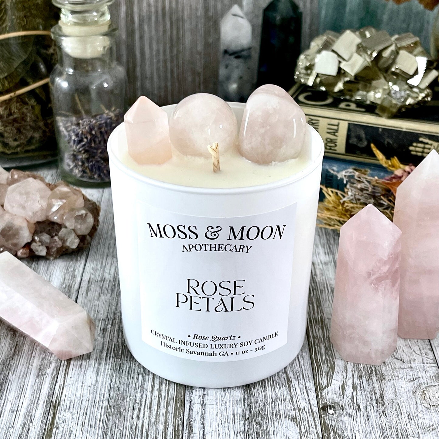 Rose Petals Candle with Rose Quartz - Moss & Moon Apothecary Crystal Infused Luxury Soy Candle