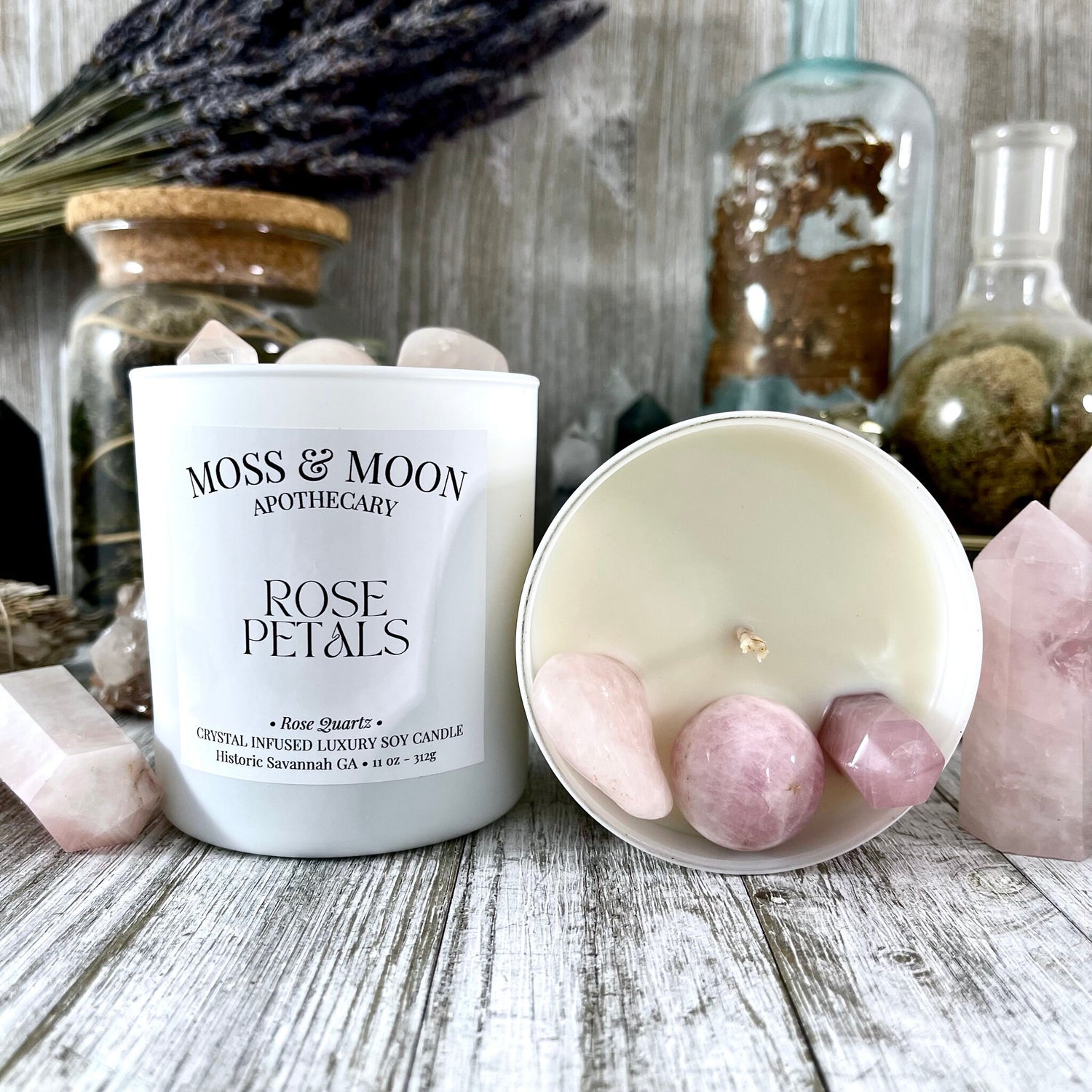 Rose Petals Candle with Rose Quartz - Moss & Moon Apothecary Crystal Infused Luxury Soy Candle