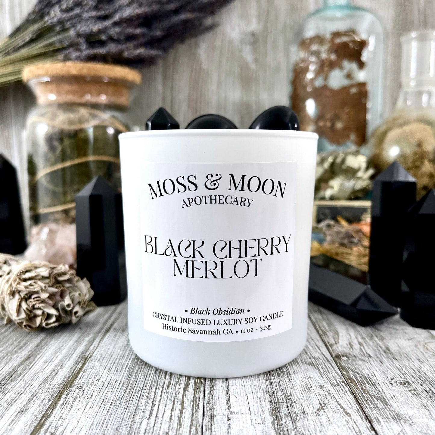 Black Cherry Merlot Candle with Black Obsidian - Moss & Moon Apothecary Luxury Soy Crystal Candle /