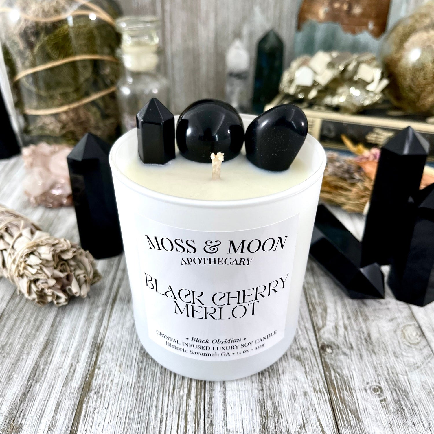Black Cherry Merlot Candle with Black Obsidian - Moss & Moon Apothecary Luxury Soy Crystal Candle /