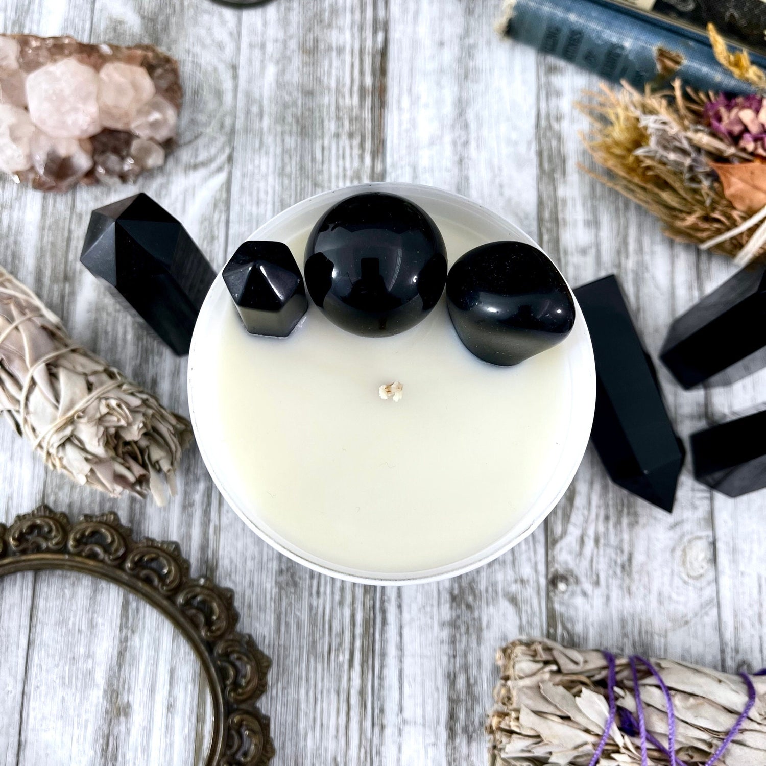 Black Cherry Merlot Candle with Black Obsidian - Moss & Moon Apothecary Luxury Soy Crystal Candle /
