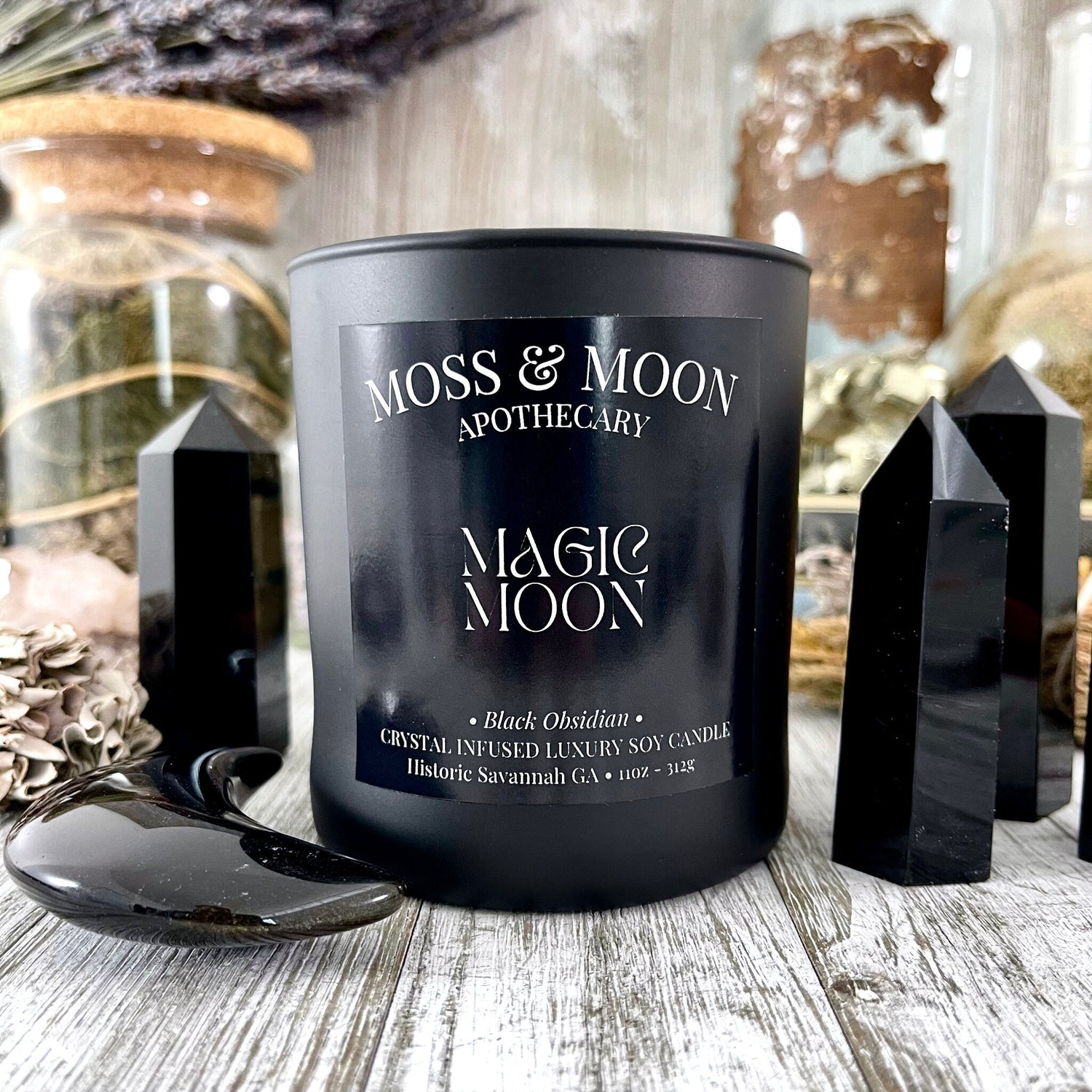 Magic Moon Candle with Black Obsidian - Moss & Moon Apothecary Crystal Infused Luxury Soy Candle