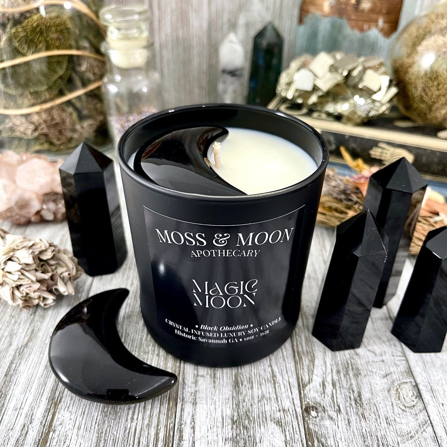 Magic Moon Candle with Black Obsidian - Moss & Moon Apothecary Crystal Infused Luxury Soy Candle