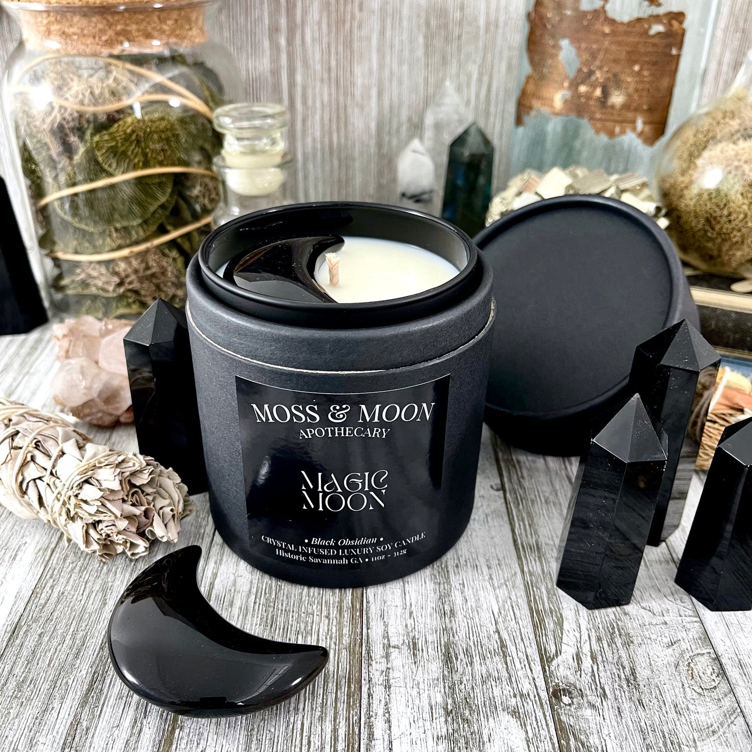 Magic Moon Candle with Black Obsidian - Moss & Moon Apothecary Crystal Infused Luxury Soy Candle