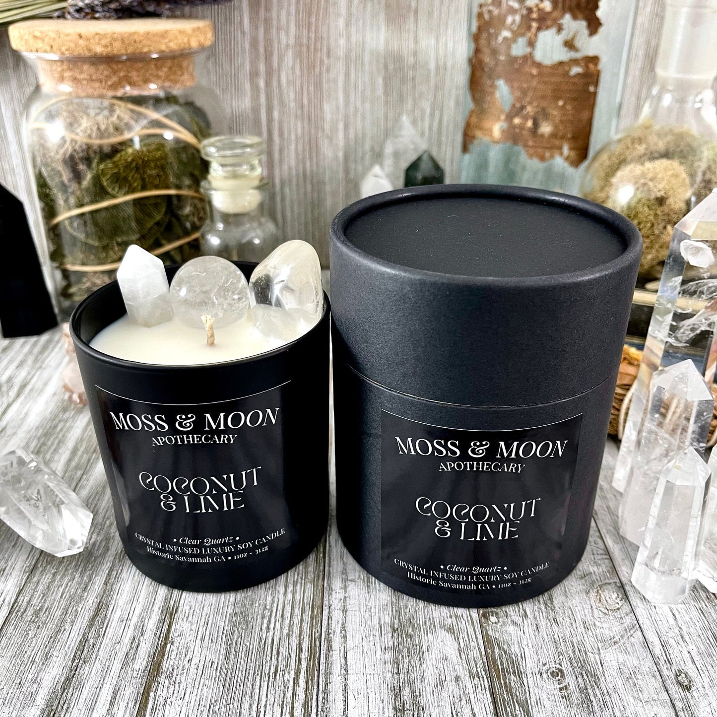 Coconut and Lime Candle with Clear Quartz - Moss & Moon Apothecary Crystal Infused Luxury Soy Candle