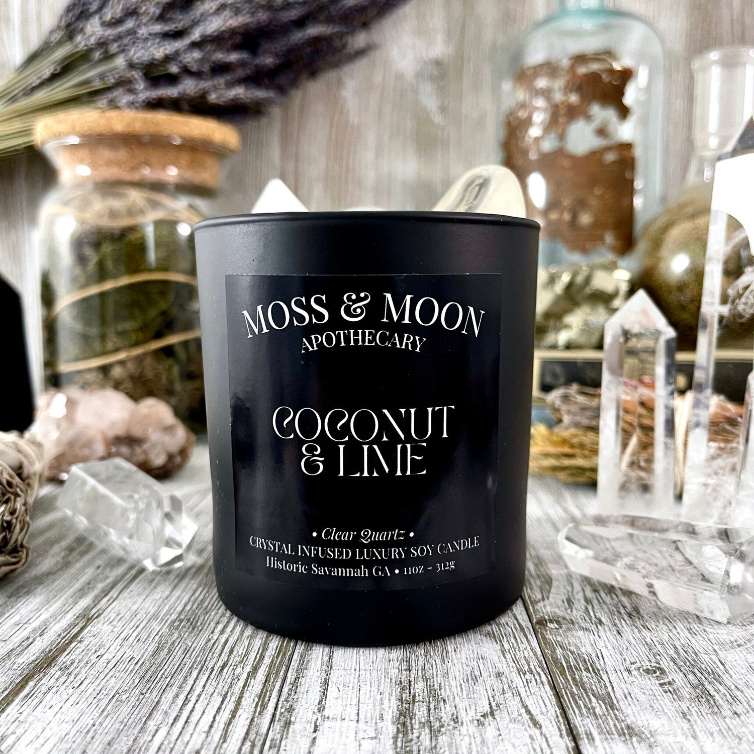 Coconut and Lime Candle with Clear Quartz - Moss & Moon Apothecary Crystal Infused Luxury Soy Candle