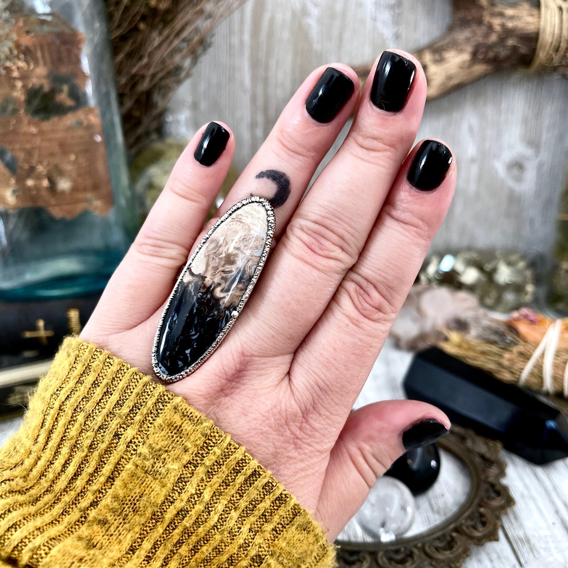 Unique Size 7.5 Large Fossilized Palm Root Statement Ring in Fine Silver / Foxlark Collection - One of a Kind - Foxlark Crystal Jewelry