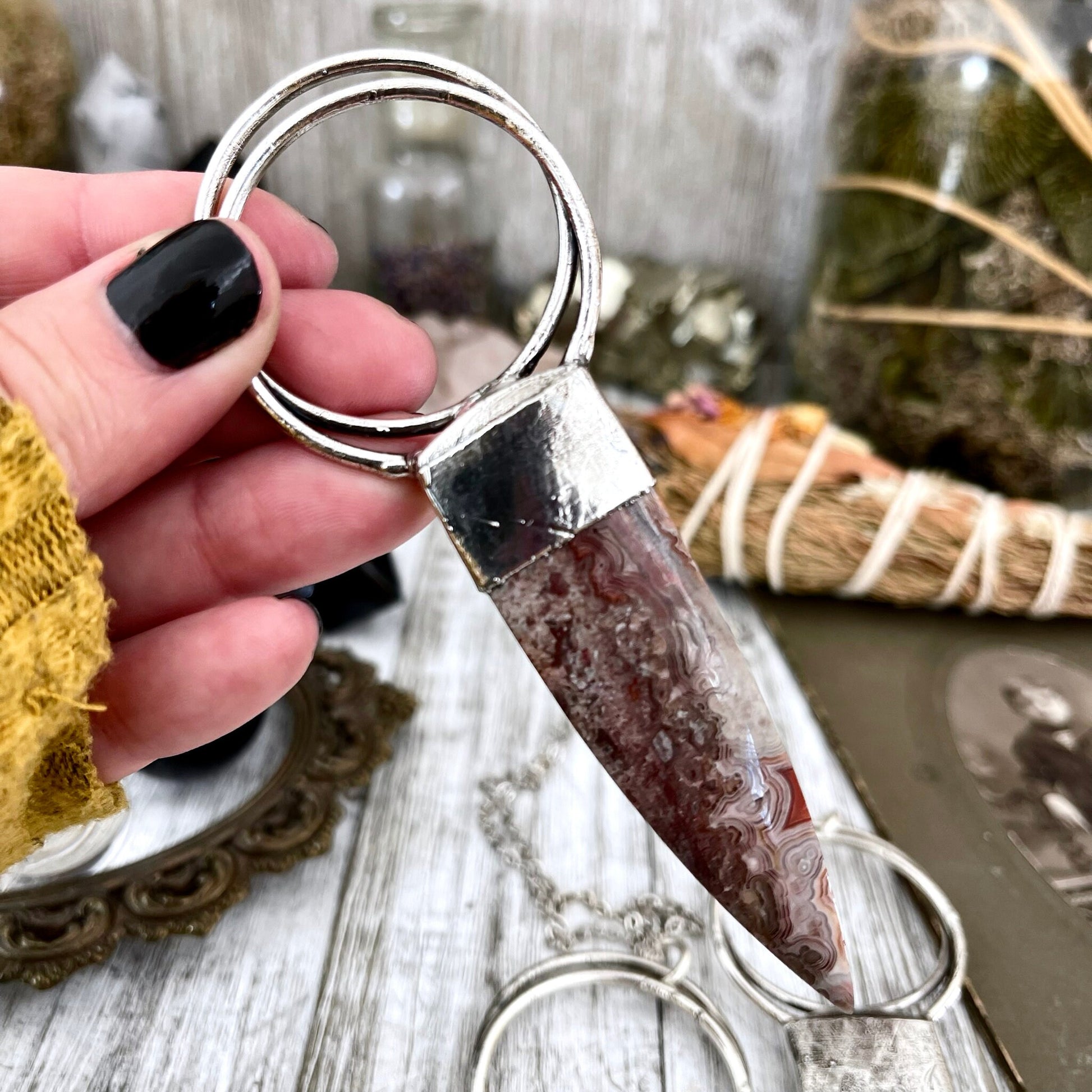 Crazy Lace Agate Necklace in Silver / Large Stone Necklace.