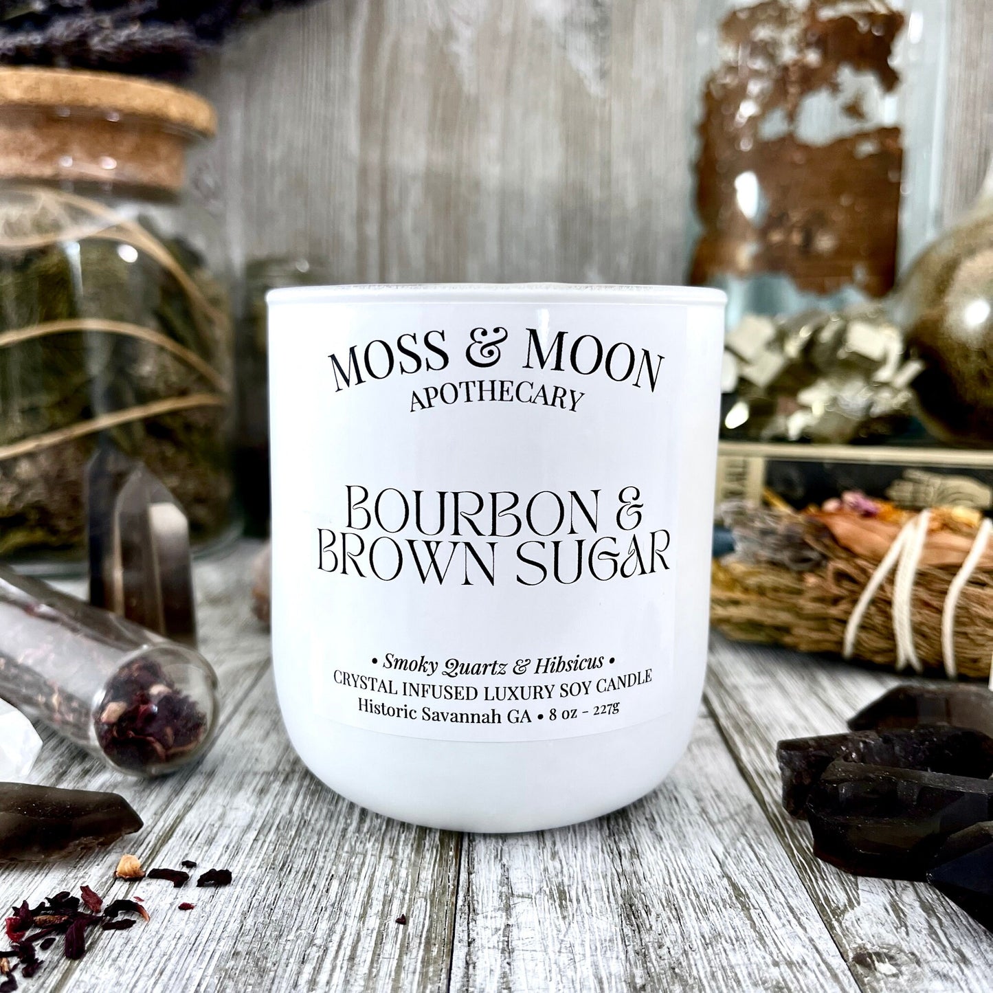 Bourbon and Brown Sugar Candle with Raw Smoky Quartz - Moss & Moon Apothecary Luxury Soy Crystal Candle - Foxlark Crystal Jewelry