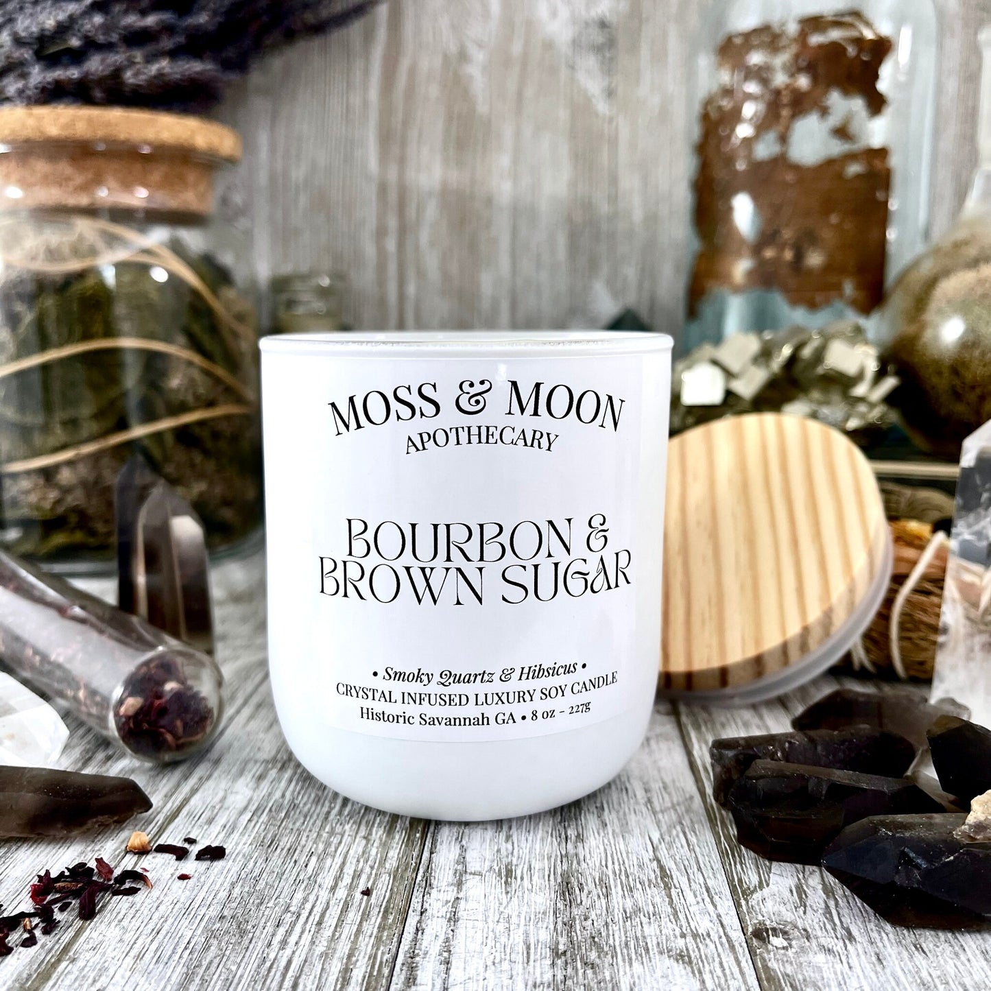 Bourbon and Brown Sugar Candle with Raw Smoky Quartz - Moss & Moon Apothecary Luxury Soy Crystal Candle - Foxlark Crystal Jewelry