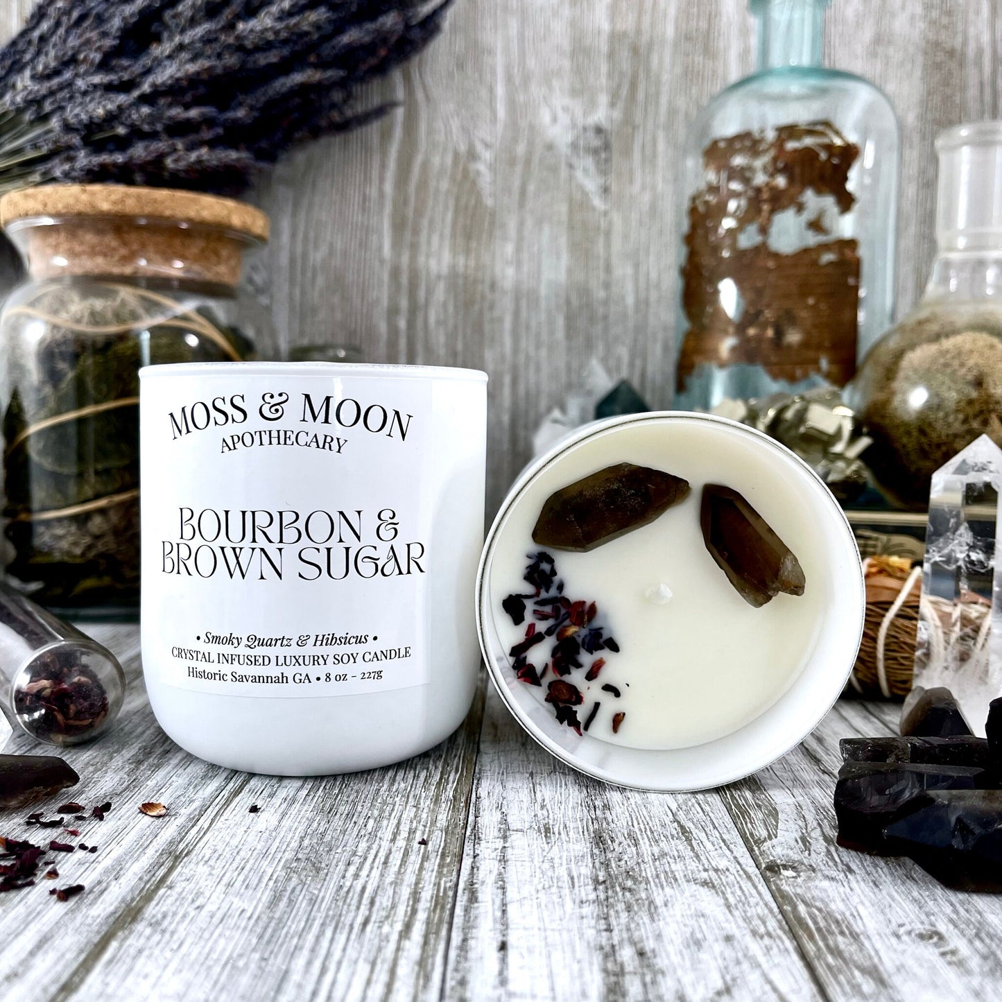 Bourbon and Brown Sugar Candle with Raw Smoky Quartz - Moss & Moon Apothecary Luxury Soy Crystal Candle - Foxlark Crystal Jewelry