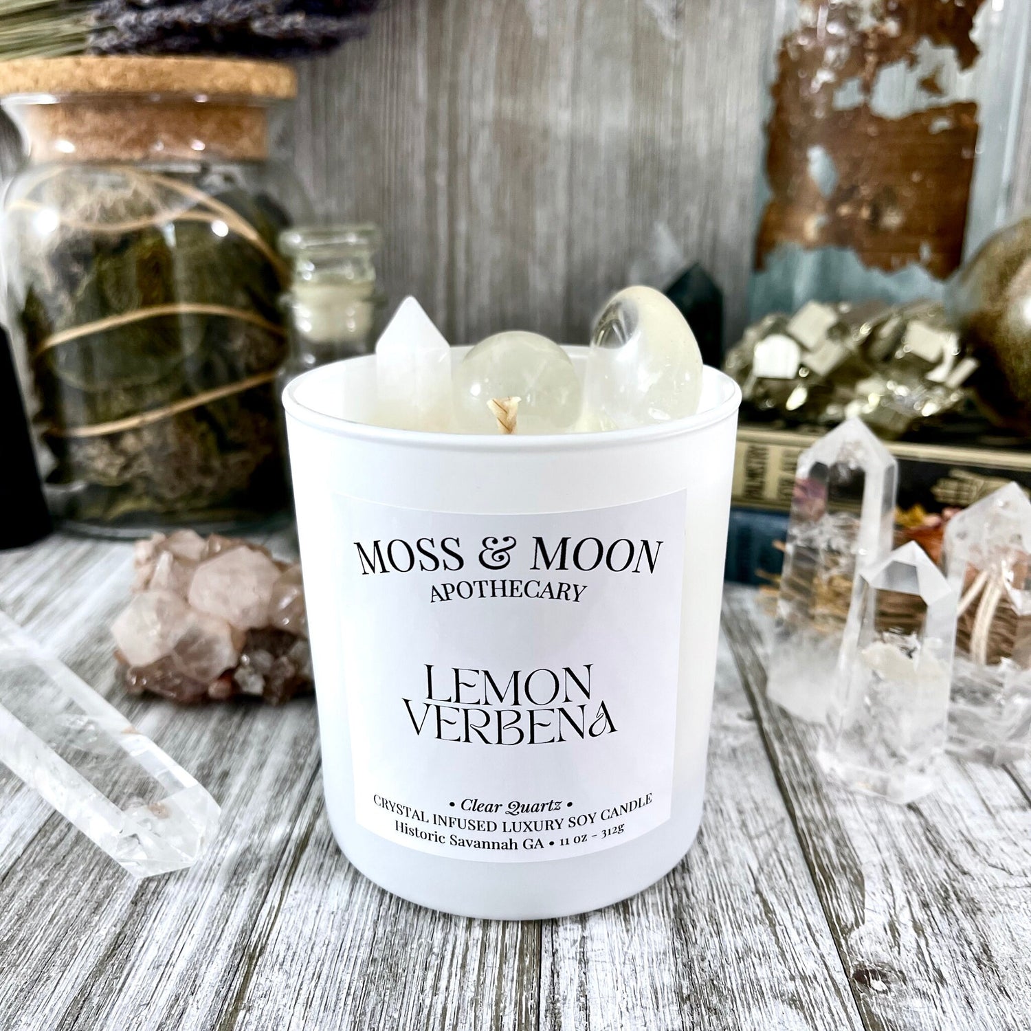 Lemon Verbena Candle with Clear Quartz - Moss & Moon Apothecary Crystal Infused Luxury Soy Candle