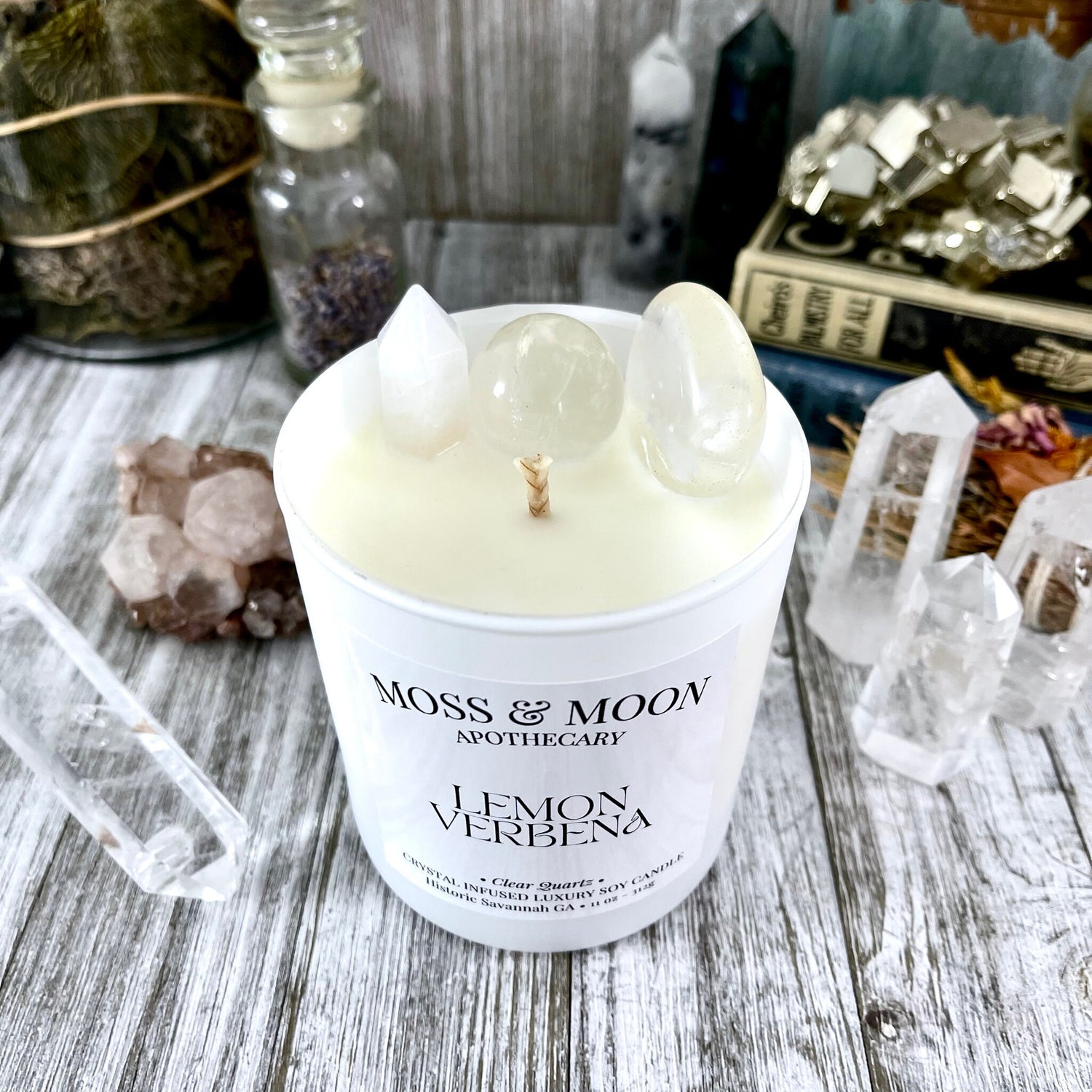 Lemon Verbena Candle with Clear Quartz - Moss & Moon Apothecary Crystal Infused Luxury Soy Candle
