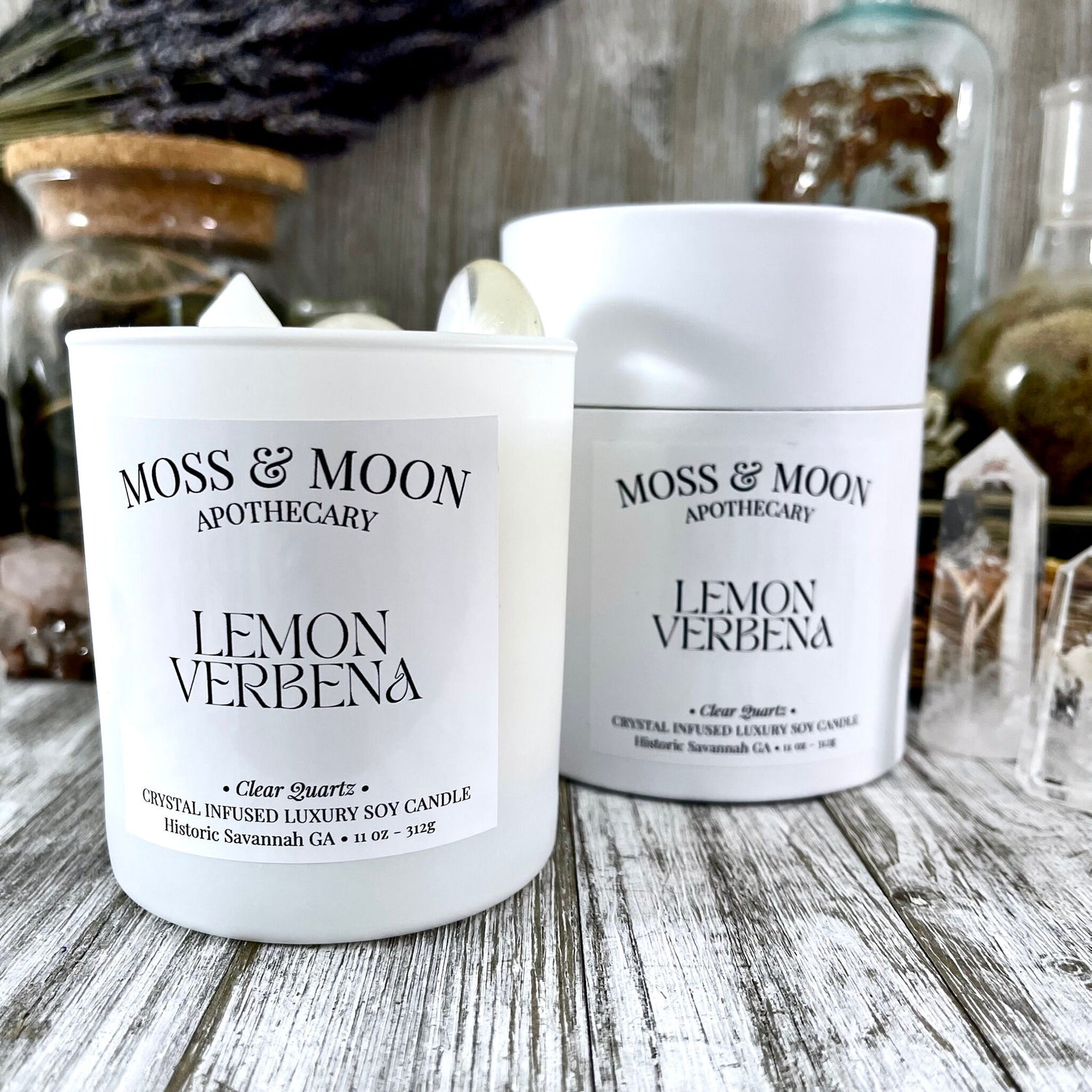 Lemon Verbena Candle with Clear Quartz - Moss & Moon Apothecary Crystal Infused Luxury Soy Candle