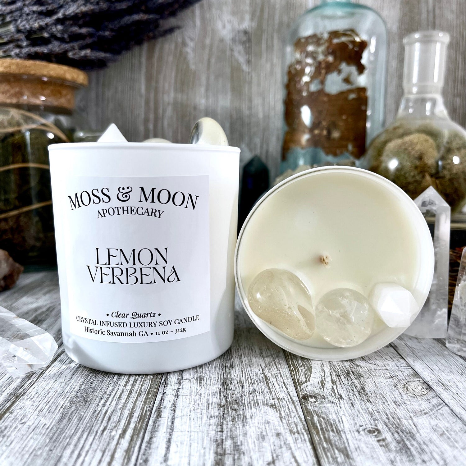 Lemon Verbena Candle with Clear Quartz - Moss & Moon Apothecary Crystal Infused Luxury Soy Candle