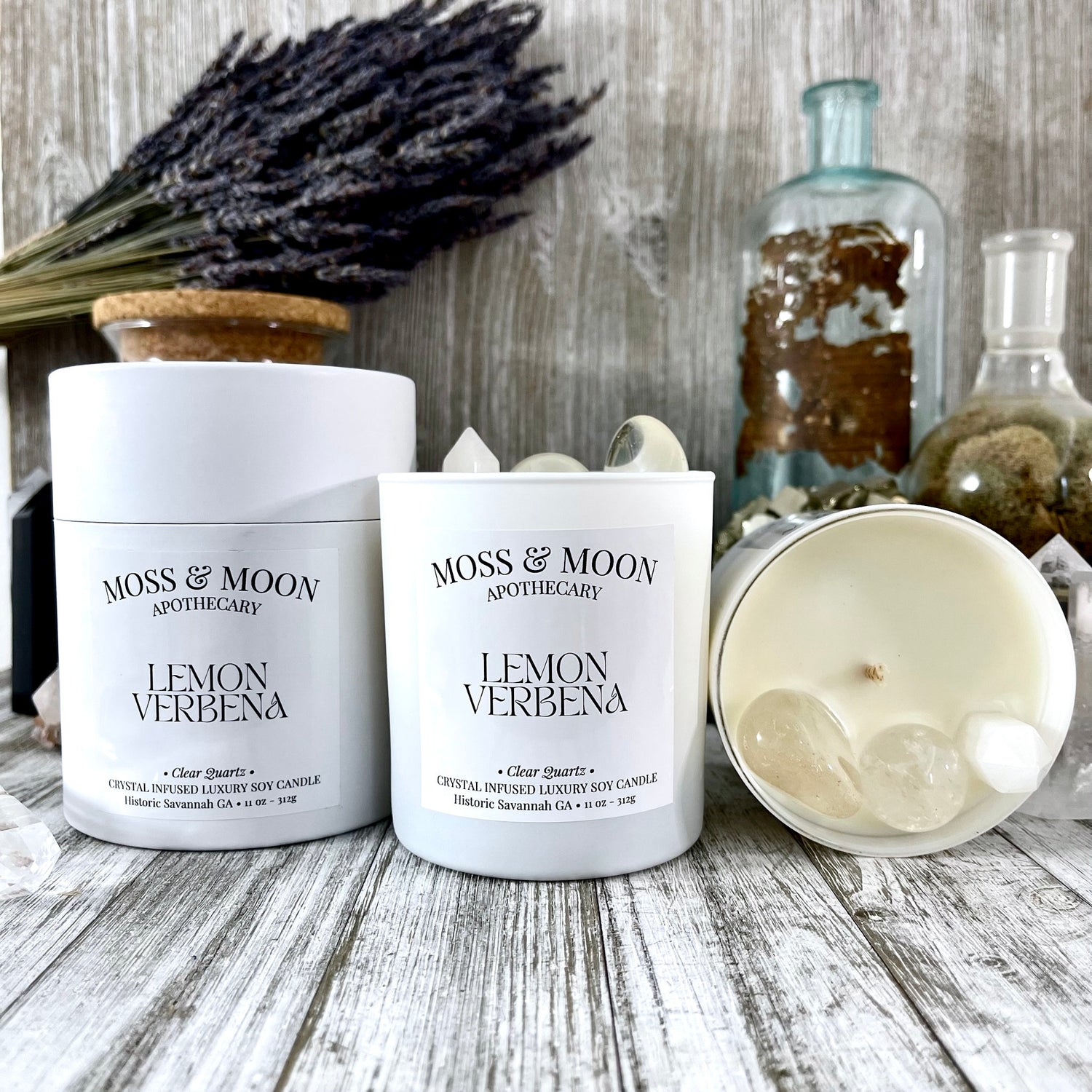 Lemon Verbena Candle with Clear Quartz - Moss & Moon Apothecary Crystal Infused Luxury Soy Candle