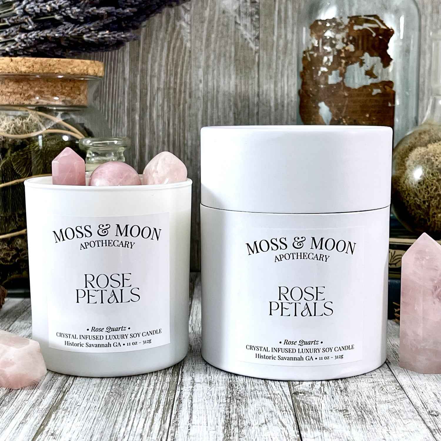 Rose Petals Candle with Rose Quartz - Moss & Moon Apothecary Crystal Infused Luxury Soy Candle