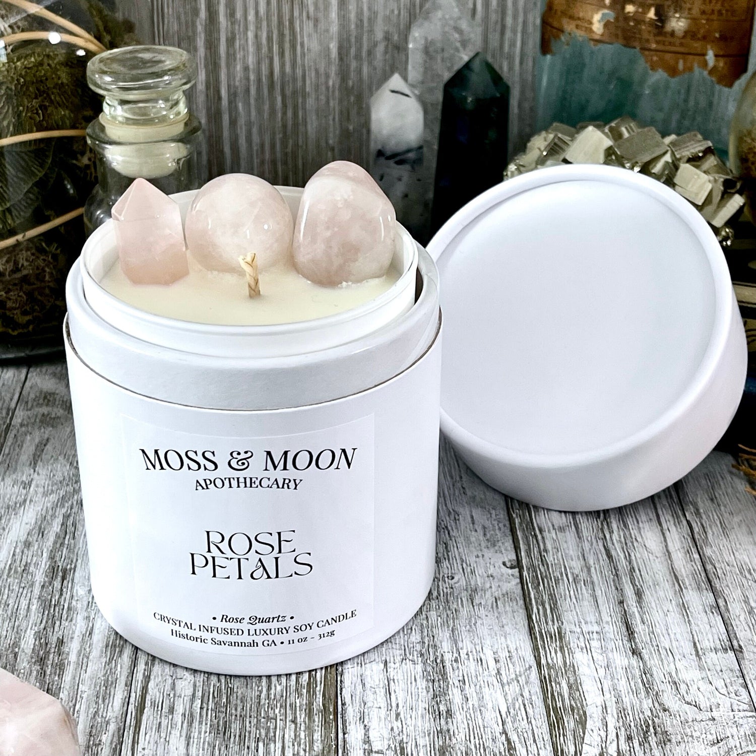 Rose Petals Candle with Rose Quartz - Moss & Moon Apothecary Crystal Infused Luxury Soy Candle