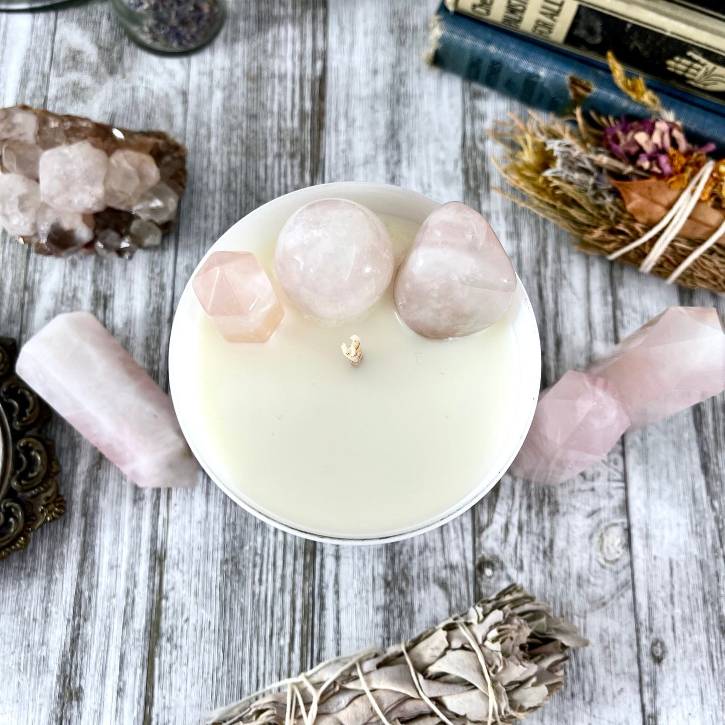 Rose Petals Candle with Rose Quartz - Moss & Moon Apothecary Crystal Infused Luxury Soy Candle