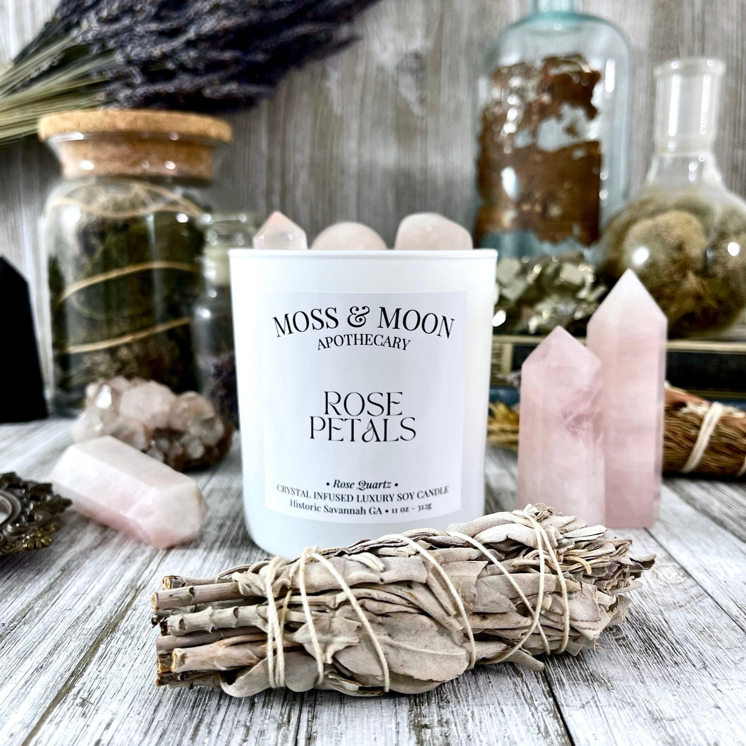 Rose Petals Candle with Rose Quartz - Moss & Moon Apothecary Crystal Infused Luxury Soy Candle