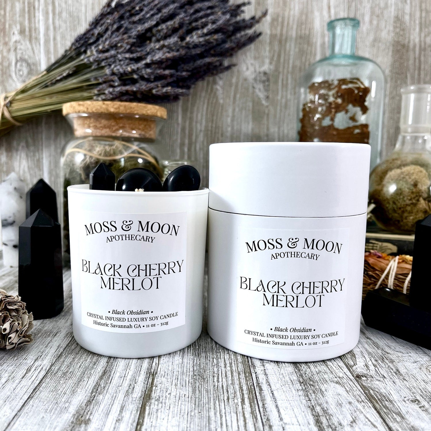 Black Cherry Merlot Candle with Black Obsidian - Moss & Moon Apothecary Luxury Soy Crystal Candle /