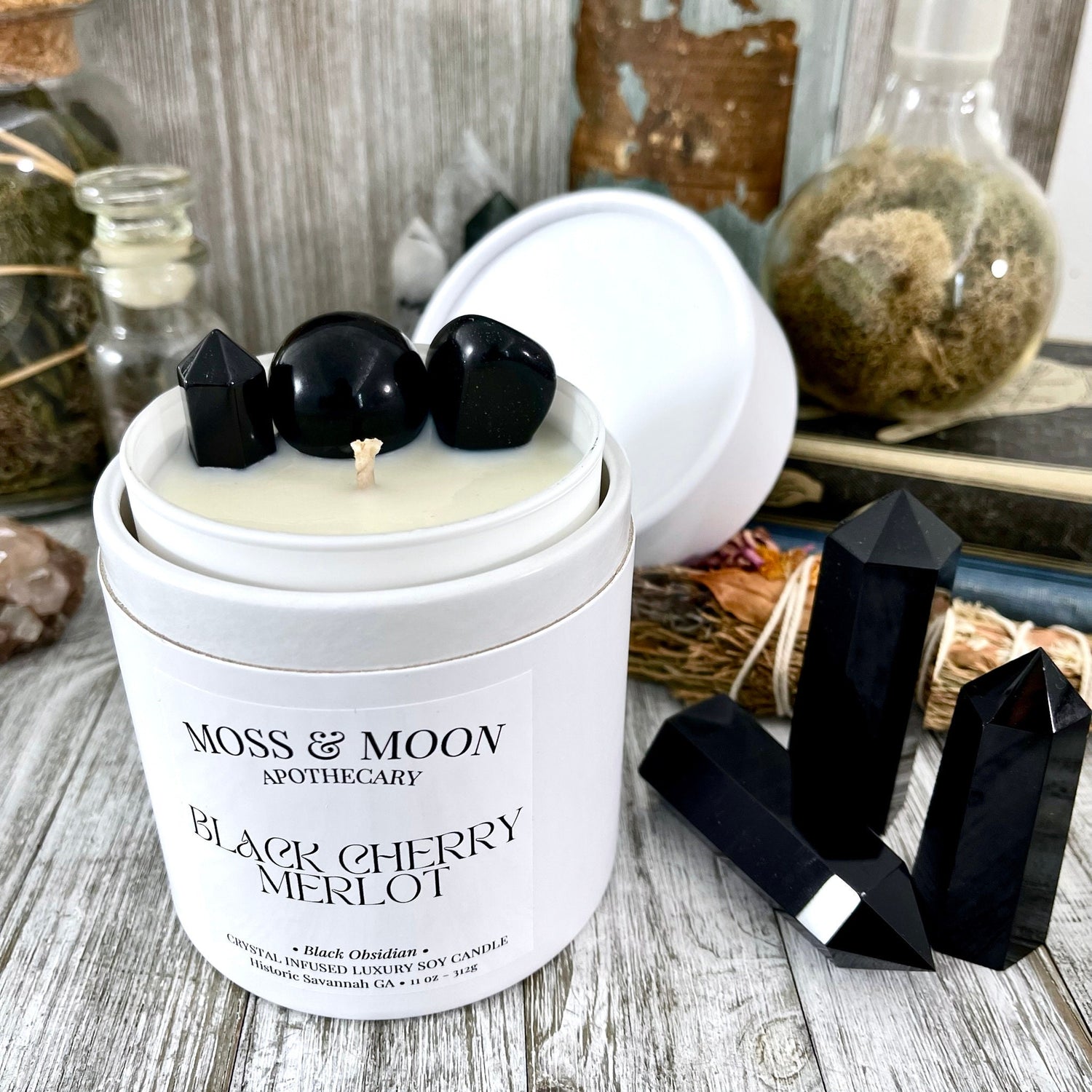 Black Cherry Merlot Candle with Black Obsidian - Moss & Moon Apothecary Luxury Soy Crystal Candle /