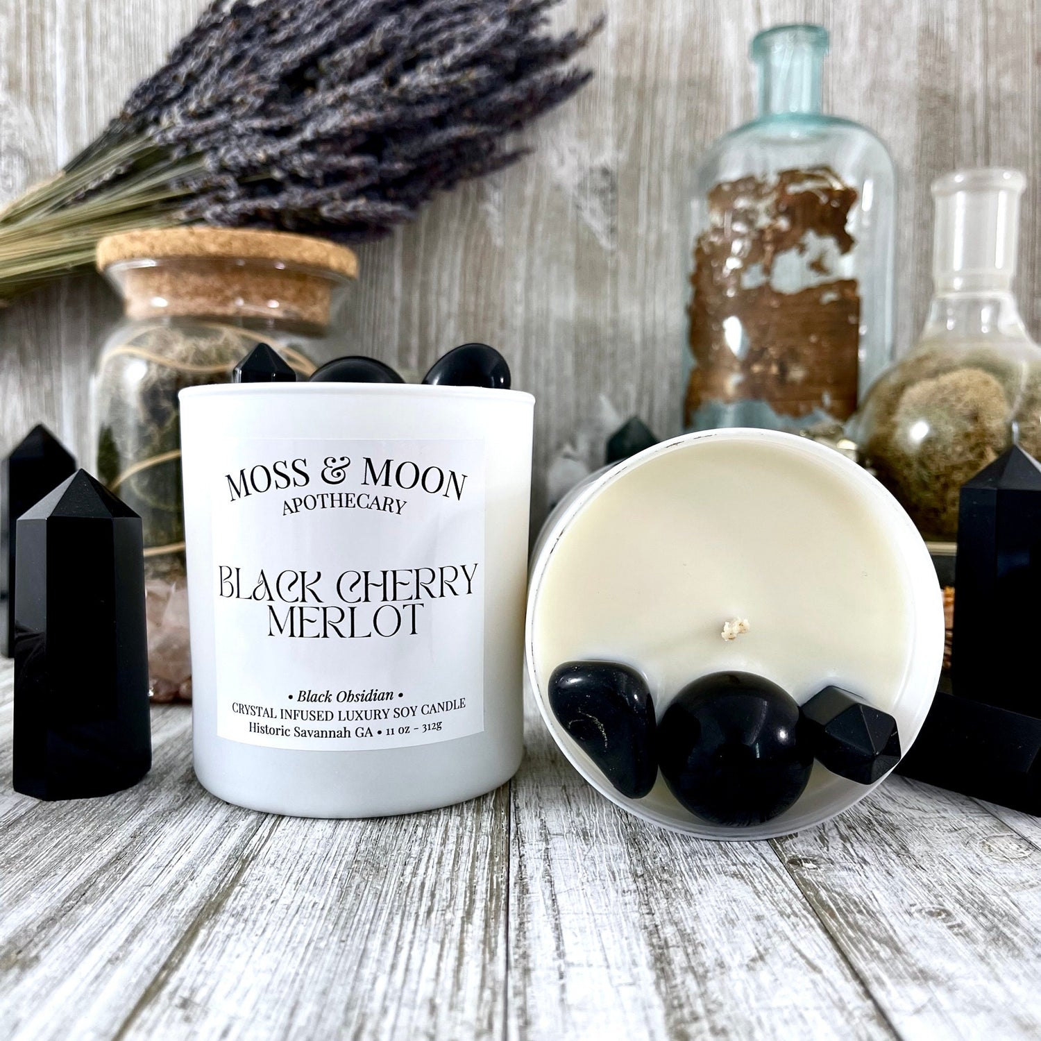 Black Cherry Merlot Candle with Black Obsidian - Moss & Moon Apothecary Luxury Soy Crystal Candle /