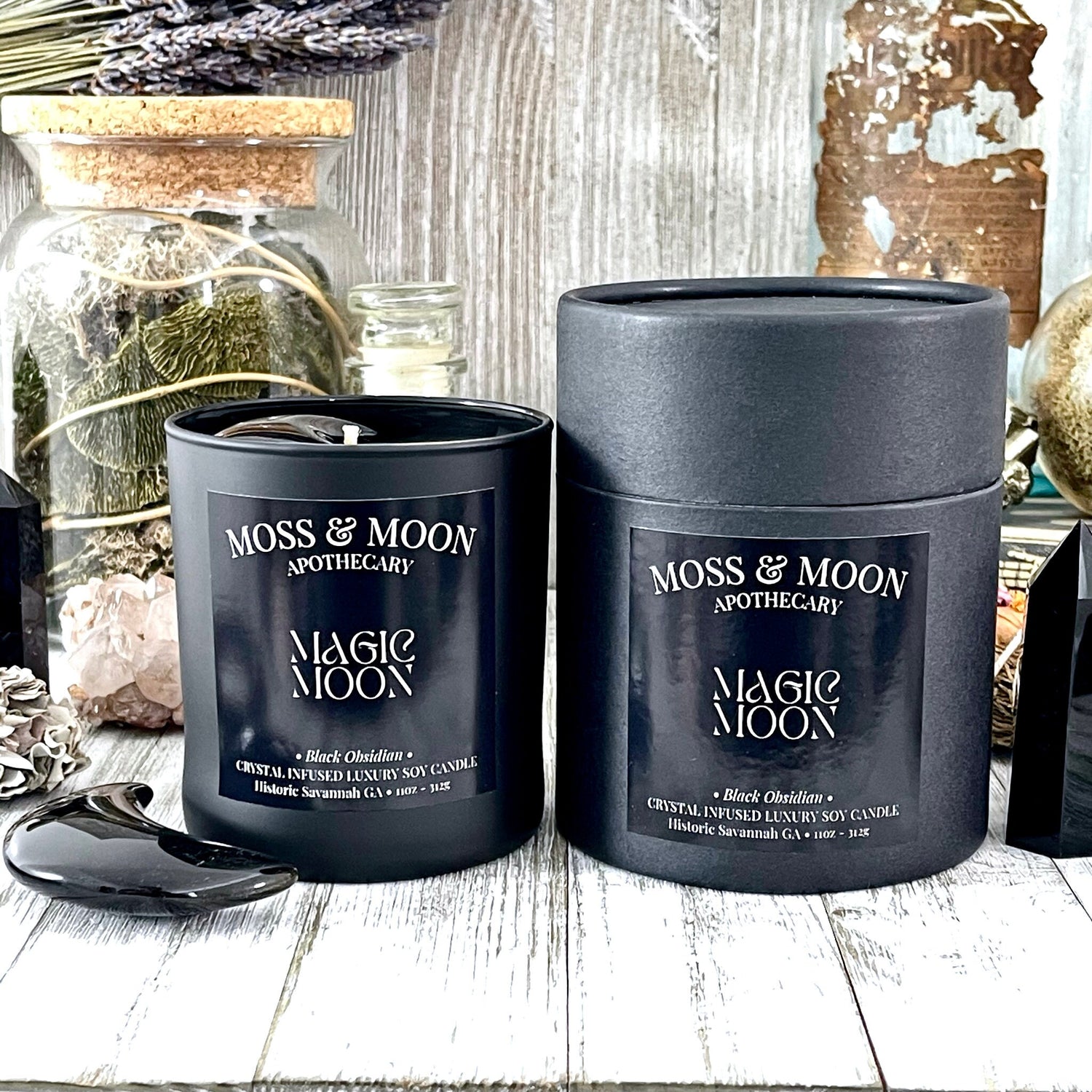 Magic Moon Candle with Black Obsidian - Moss & Moon Apothecary Crystal Infused Luxury Soy Candle