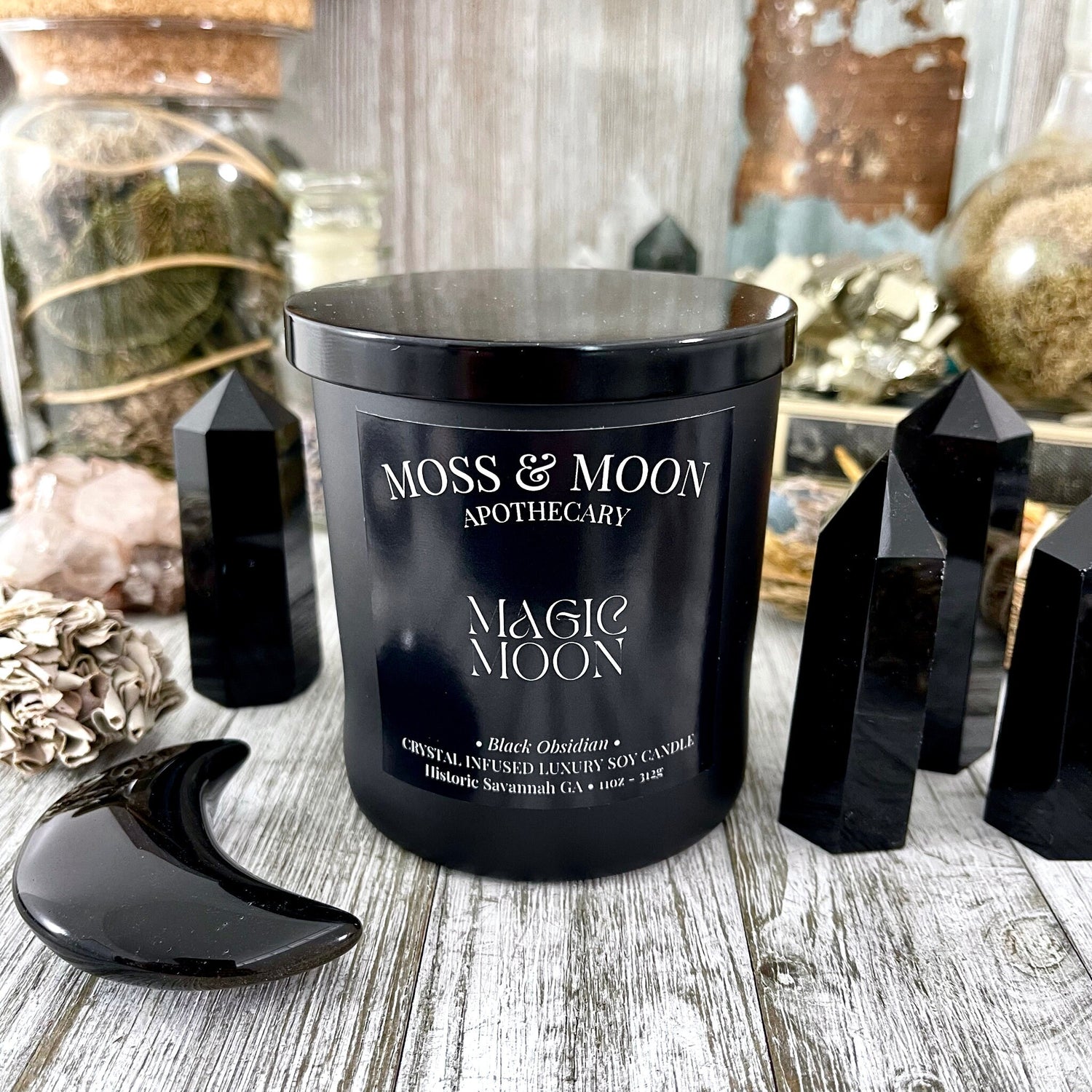 Magic Moon Candle with Black Obsidian - Moss & Moon Apothecary Crystal Infused Luxury Soy Candle