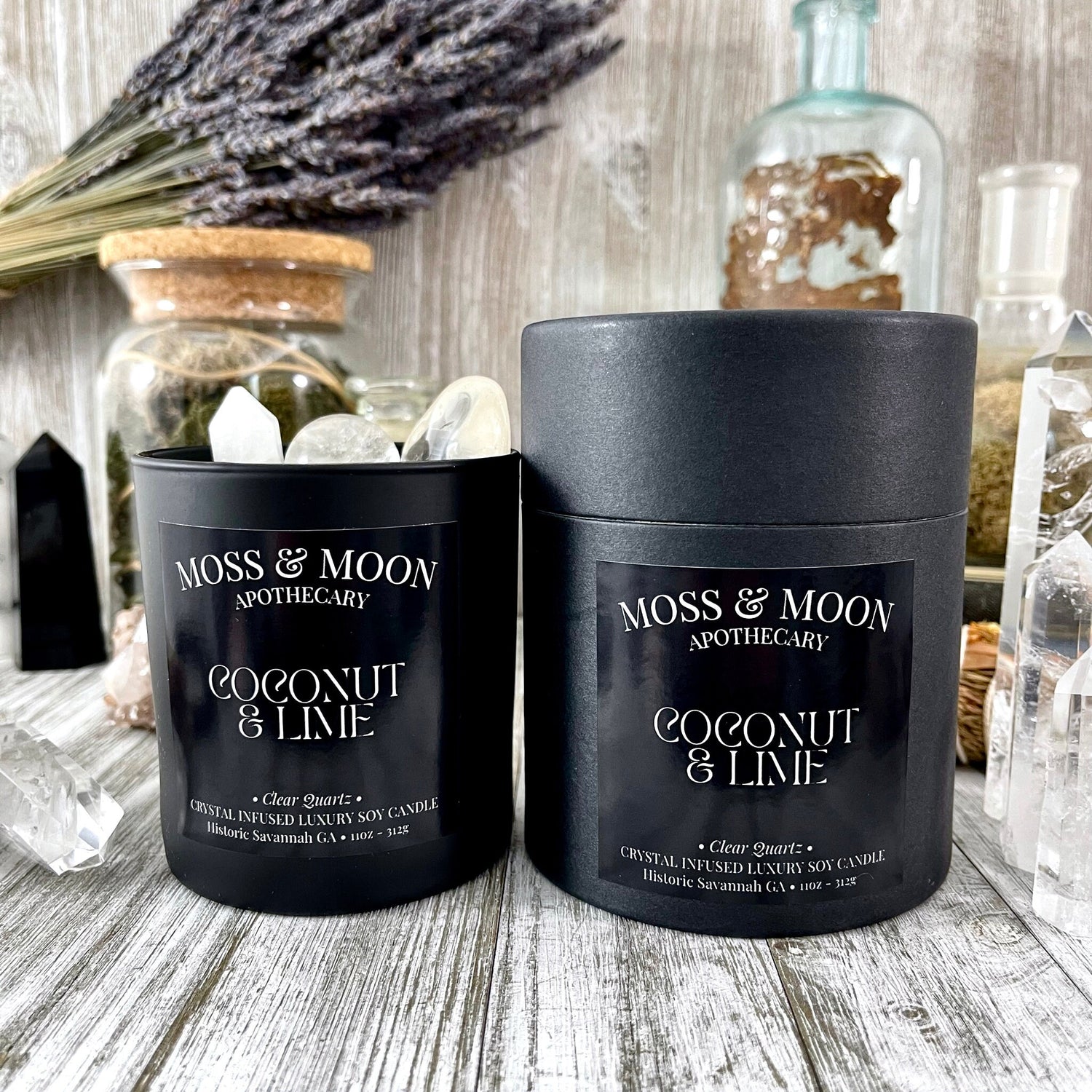 Coconut and Lime Candle with Clear Quartz - Moss & Moon Apothecary Crystal Infused Luxury Soy Candle