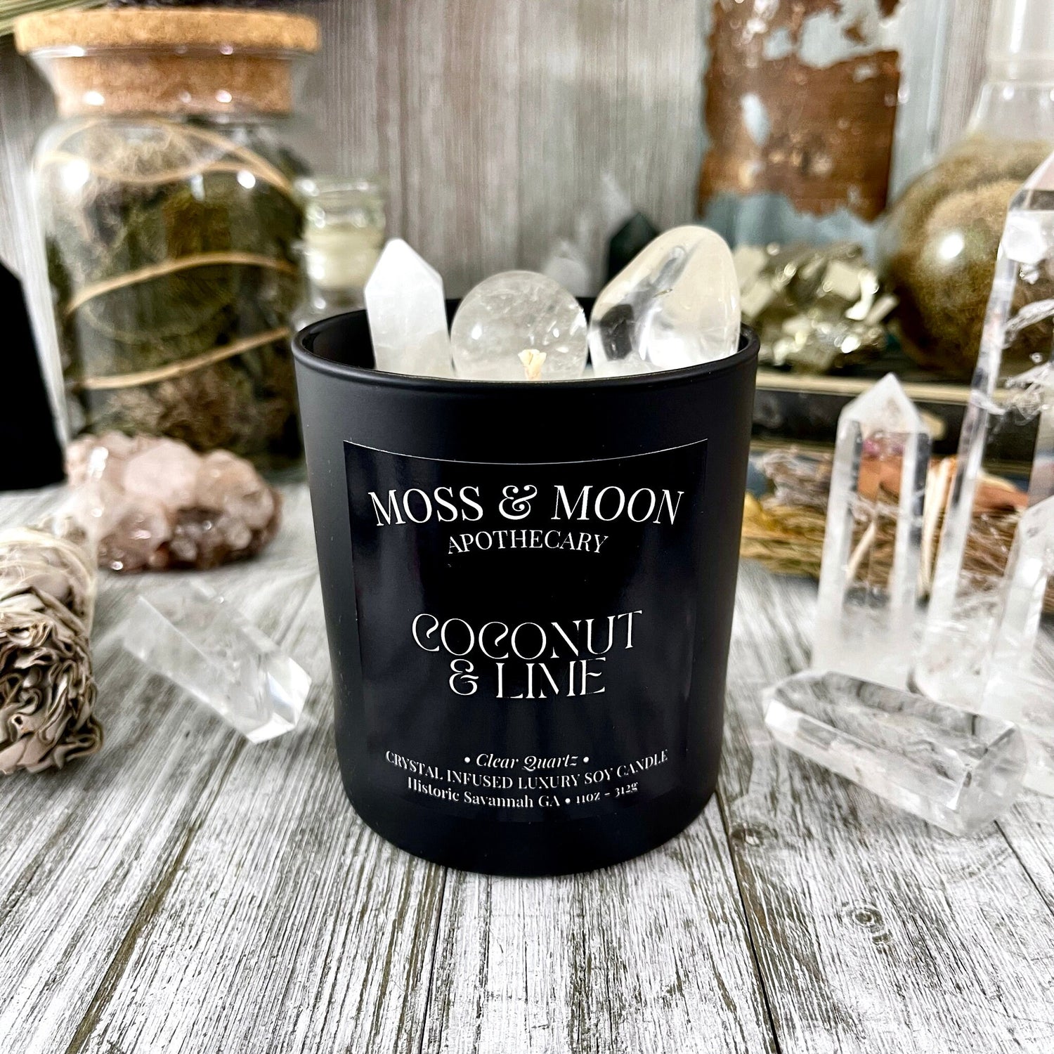 Coconut and Lime Candle with Clear Quartz - Moss & Moon Apothecary Crystal Infused Luxury Soy Candle