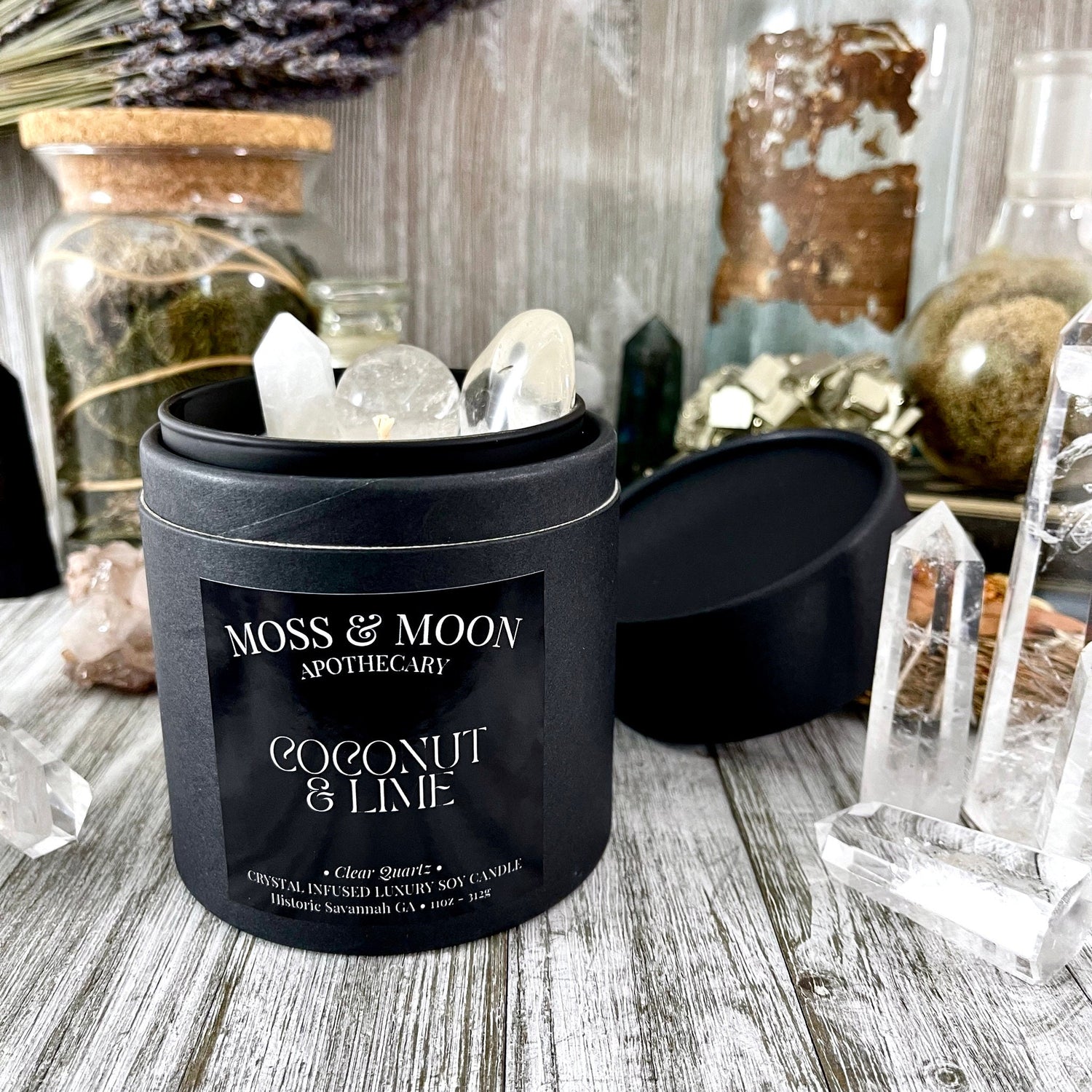 Coconut and Lime Candle with Clear Quartz - Moss & Moon Apothecary Crystal Infused Luxury Soy Candle