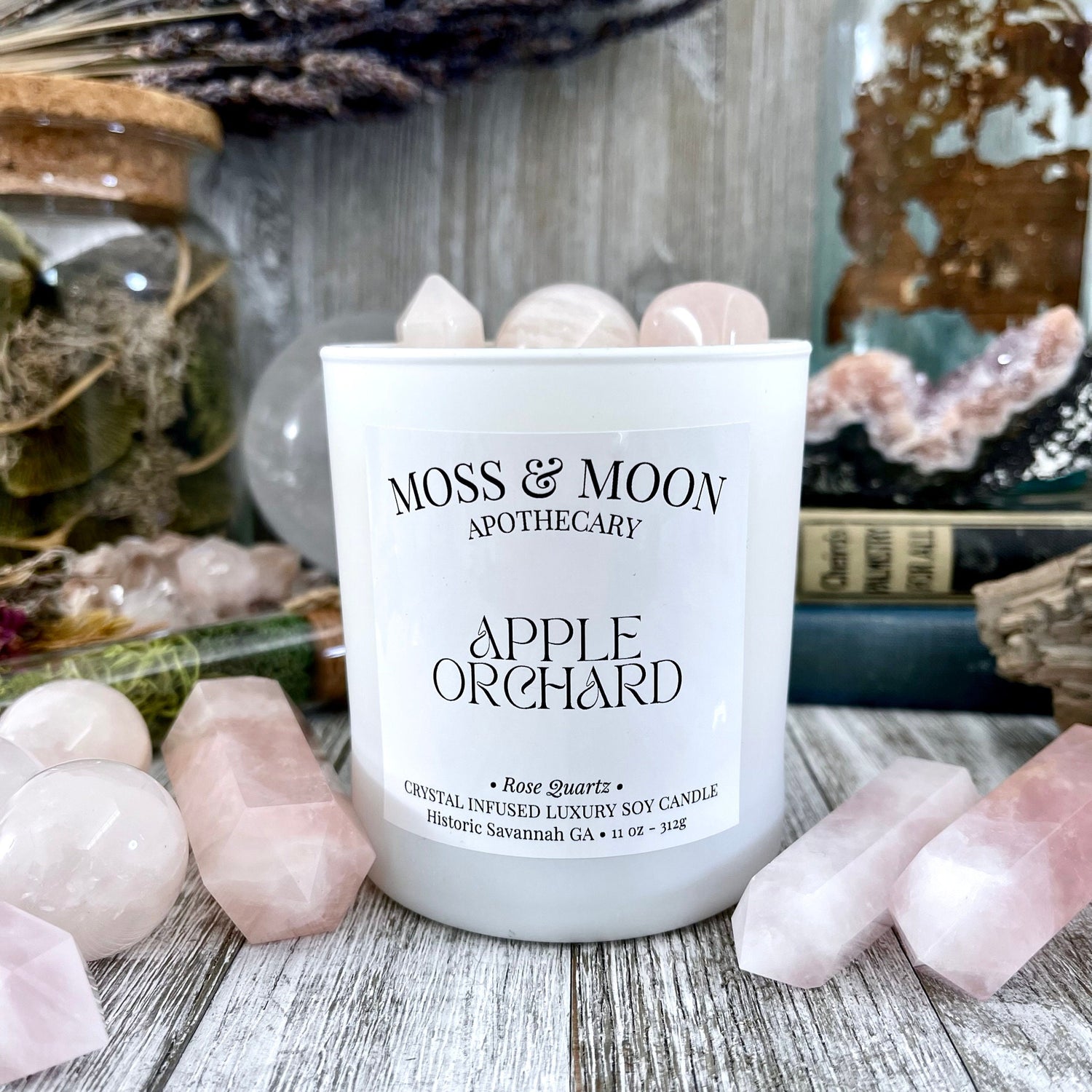Apple Orchard Candle with Rose Quartz - Moss & Moon Apothecary Crystal Infused Luxury Soy Candle