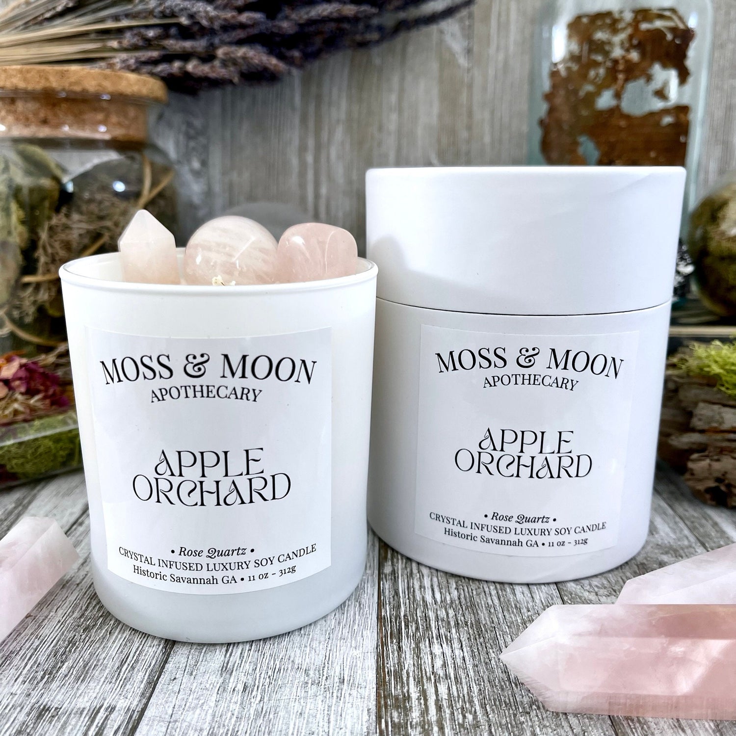 Apple Orchard Candle with Rose Quartz - Moss & Moon Apothecary Crystal Infused Luxury Soy Candle