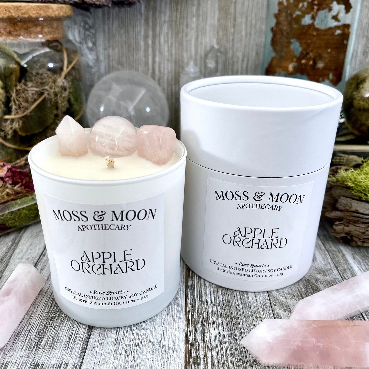 Apple Orchard Candle with Rose Quartz - Moss & Moon Apothecary Crystal Infused Luxury Soy Candle