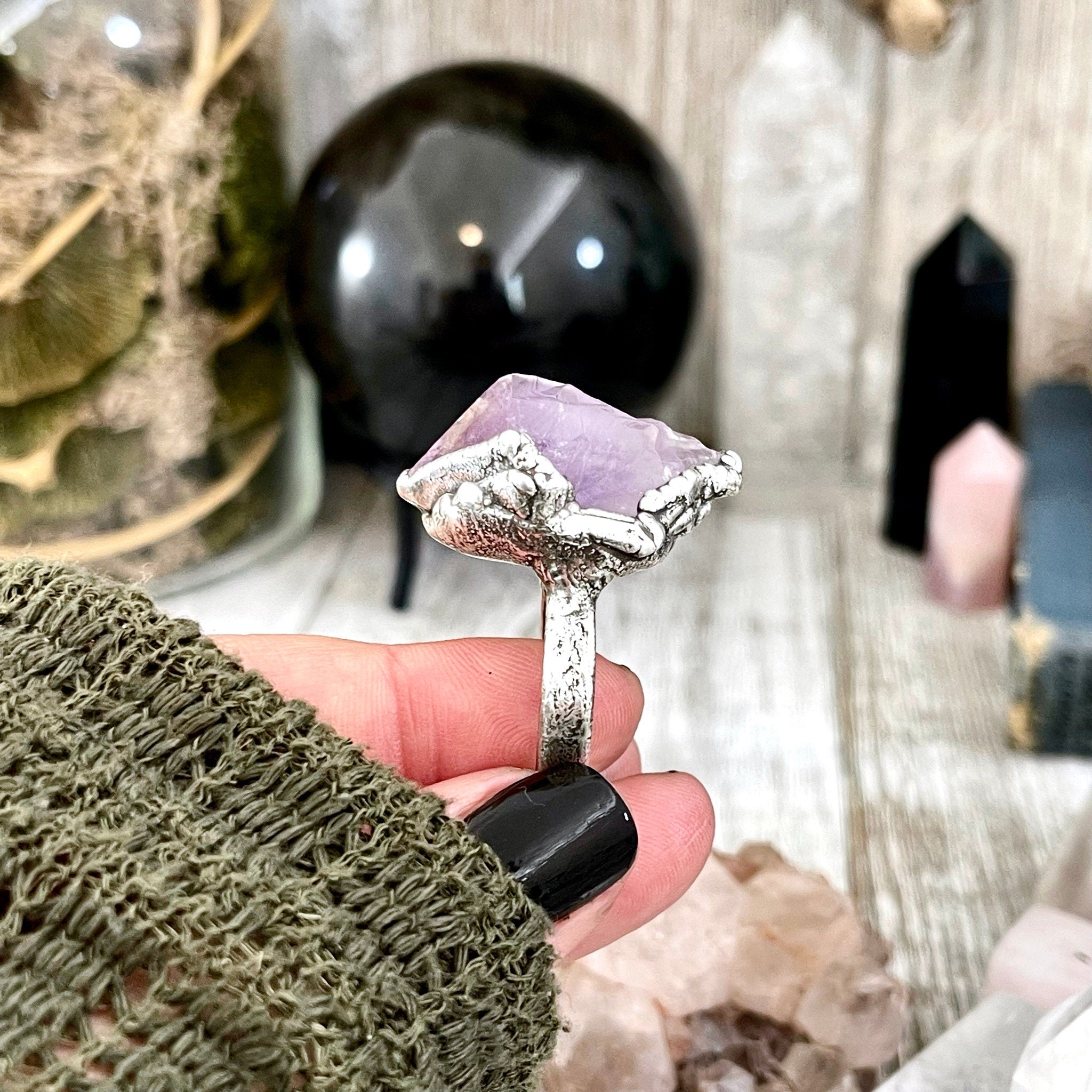 Size 8.5 Purple Big Raw Amethyst Point Crystal Ring in Fine Silver Foxlark Collection One of A Kind