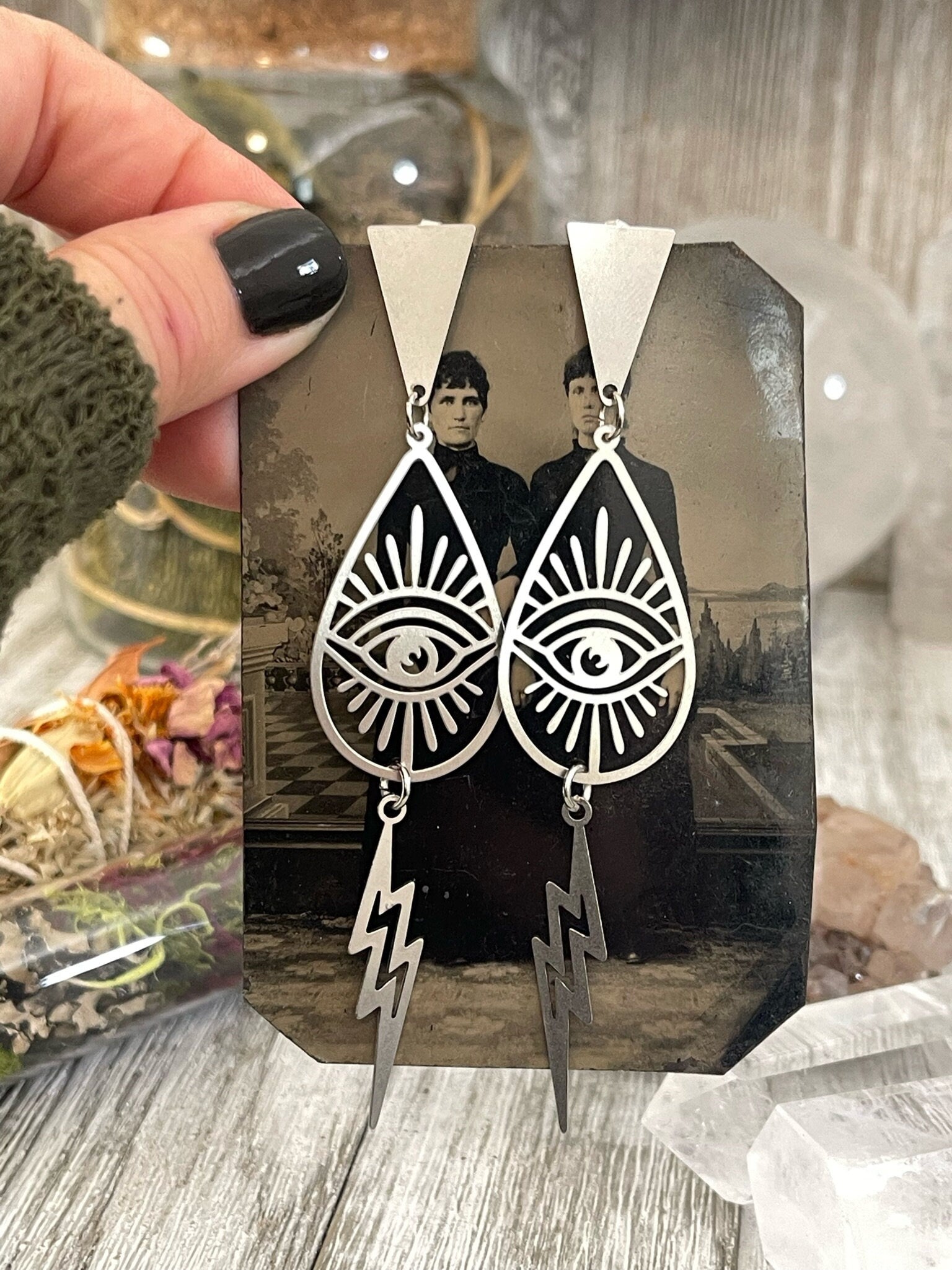 Triangular Teardrop Eye and Lightning Bolt Earrings in Stainless Steel / Hypoallergenic Geometric Eye Earring.