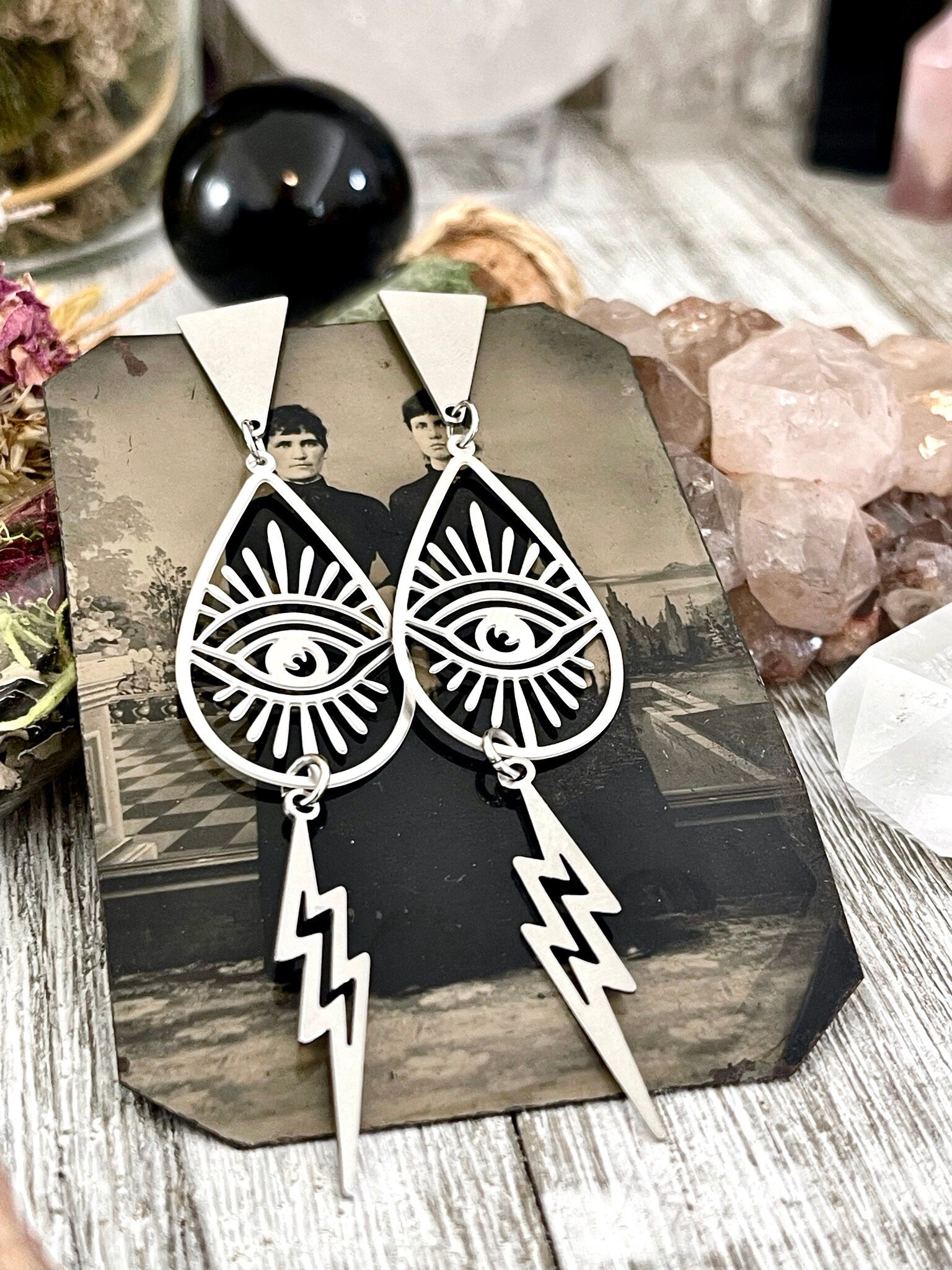 Triangular Teardrop Eye and Lightning Bolt Earrings in Stainless Steel / Hypoallergenic Geometric Eye Earring.