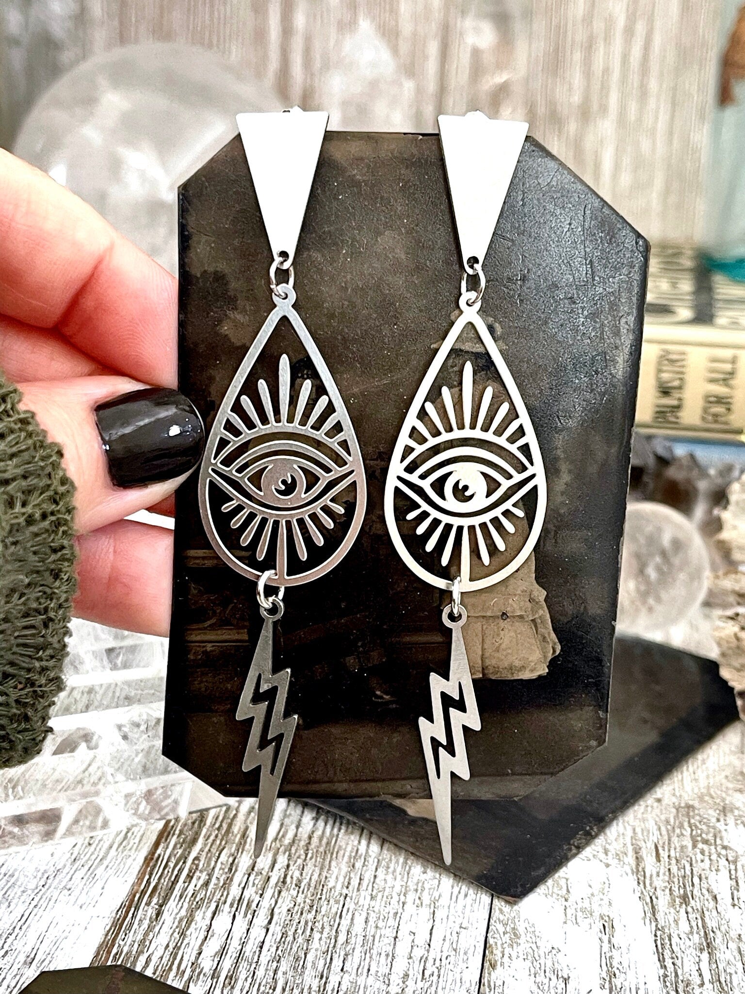 Triangular Teardrop Eye and Lightning Bolt Earrings in Stainless Steel / Hypoallergenic Geometric Eye Earring.