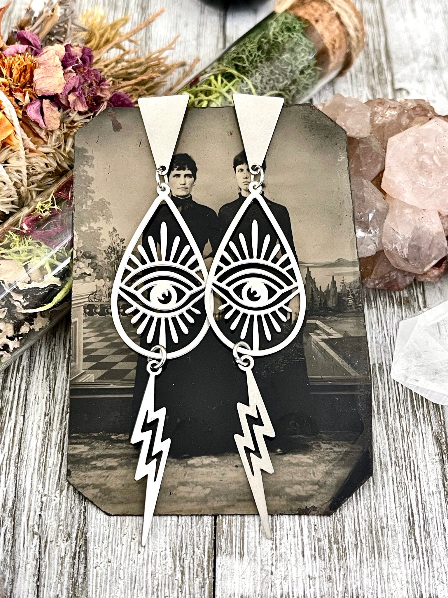 Triangular Teardrop Eye and Lightning Bolt Earrings in Stainless Steel / Hypoallergenic Geometric Eye Earring.