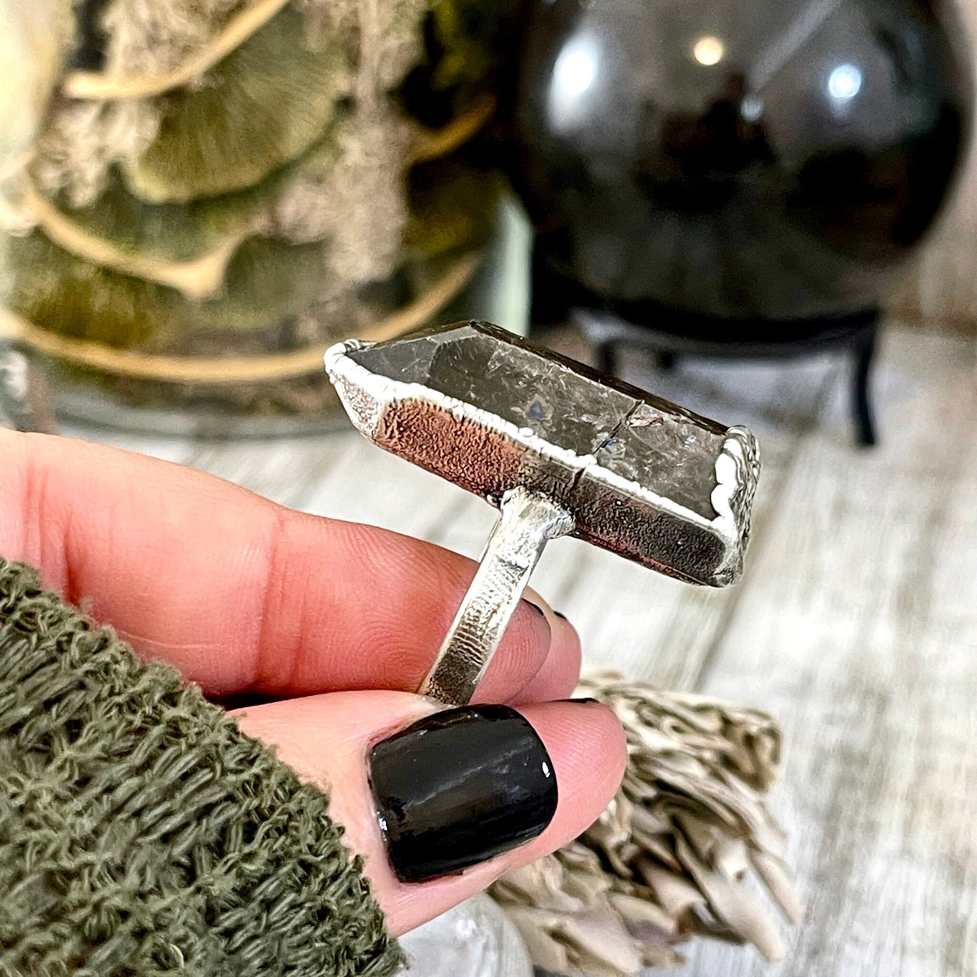 Size 7.5 Raw Smoky Quartz Crystal Cluster Ring Set in Fine Silver / Foxlark Collection - One of a Kind - Foxlark Crystal Jewelry