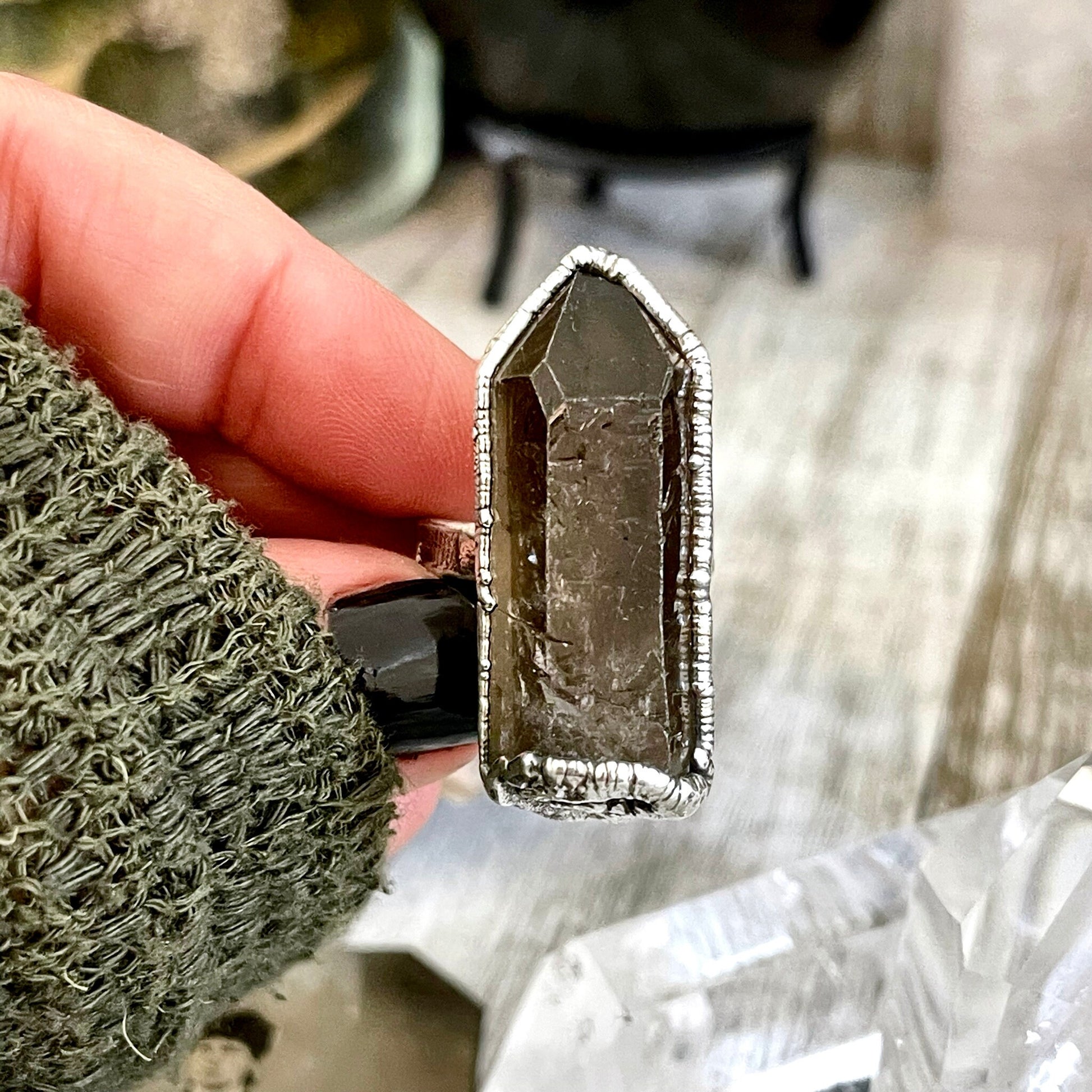 Size 7.5 Raw Smoky Quartz Crystal Cluster Ring Set in Fine Silver / Foxlark Collection - One of a Kind - Foxlark Crystal Jewelry