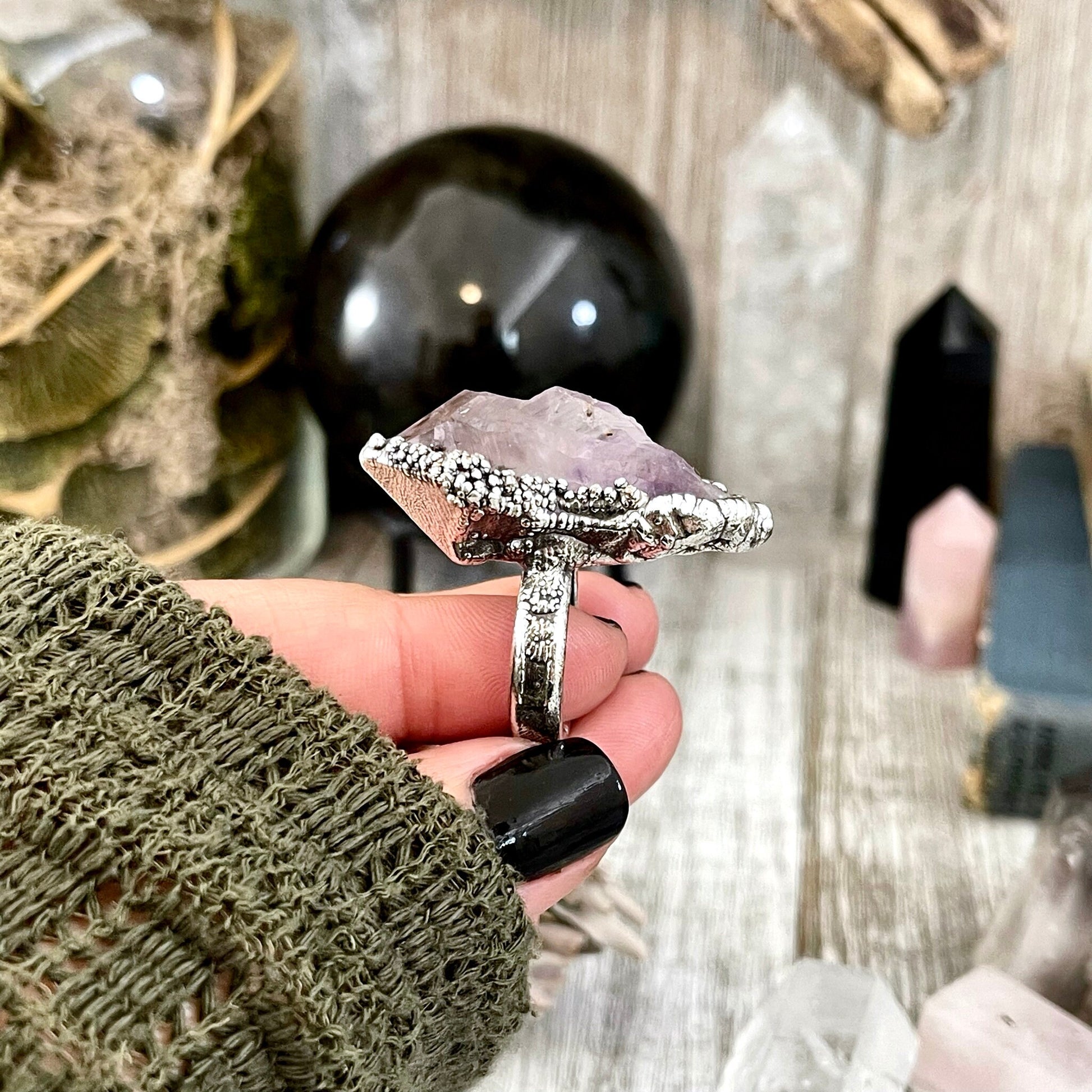 Size 7.5 Big Raw Amethyst Purple Crystal Ring in Fine Silver / Foxlark Collection - One of a Kind - Foxlark Crystal Jewelry