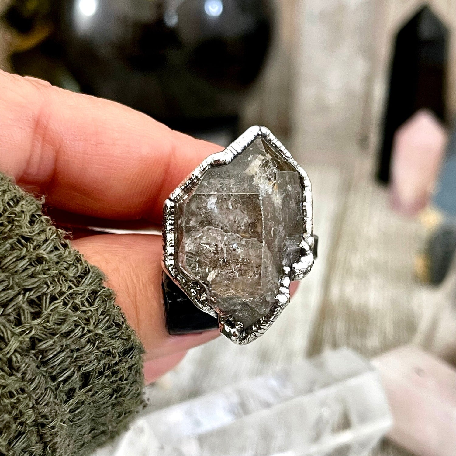 Size 7 Raw Herkimer Diamond Clear Quartz Crystal Cluster Ring Set in Fine Silver / Foxlark Collection - One of a Kind