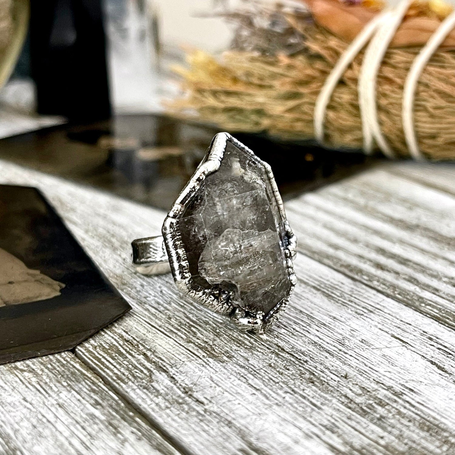 Size 7 Raw Herkimer Diamond Clear Quartz Crystal Cluster Ring Set in Fine Silver / Foxlark Collection - One of a Kind