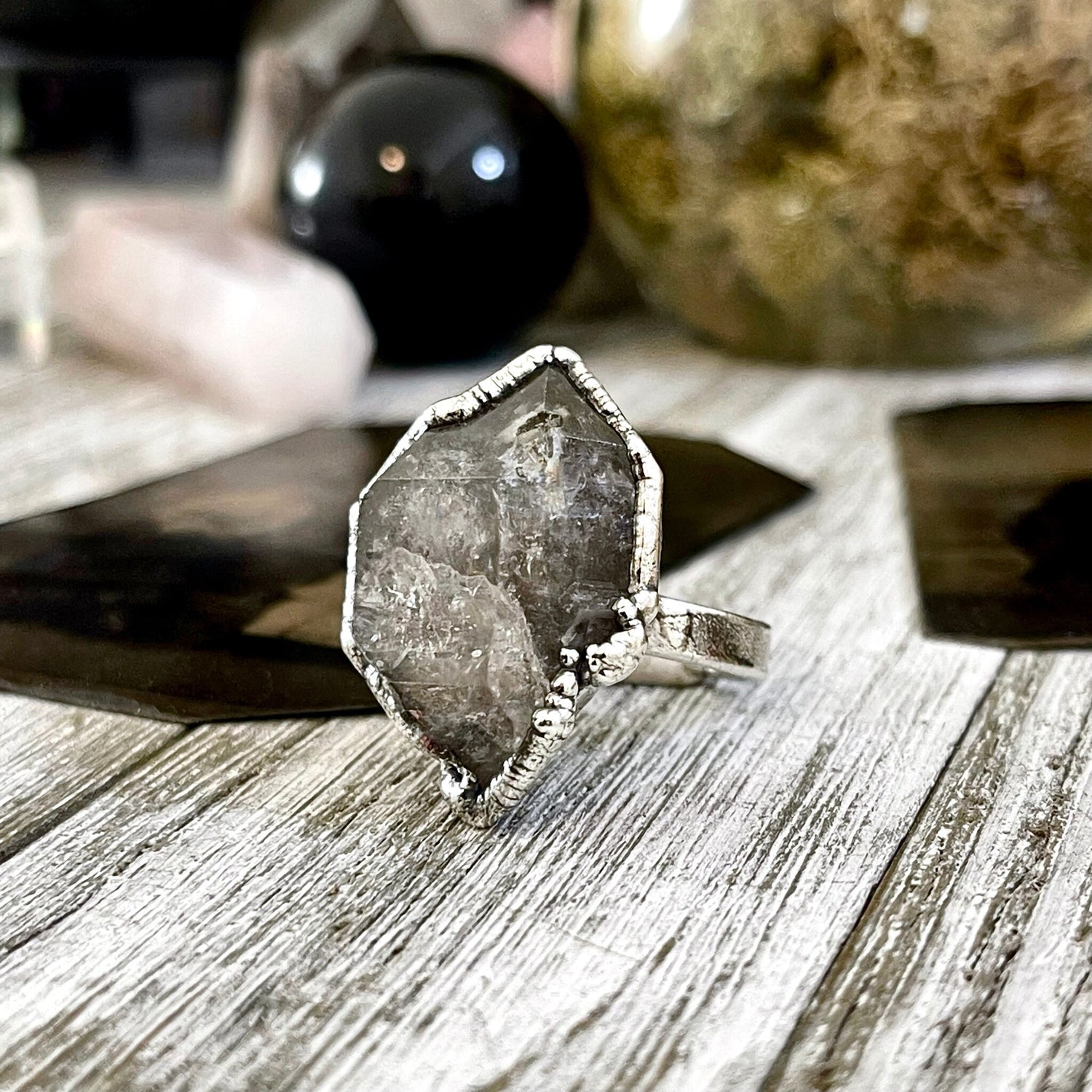 Size 7 Raw Herkimer Diamond Clear Quartz Crystal Cluster Ring Set in Fine Silver / Foxlark Collection - One of a Kind