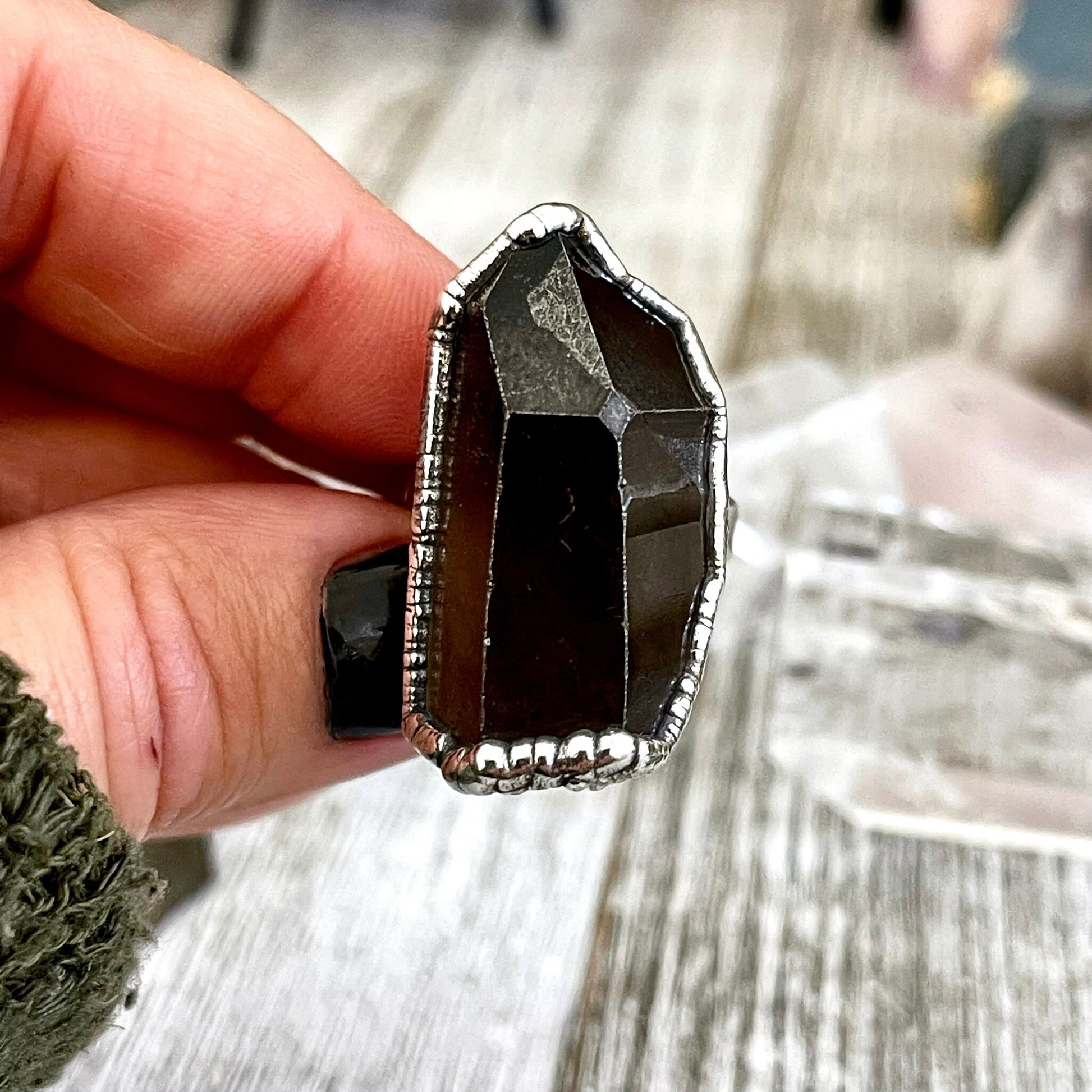 Size 7.5 Raw Smoky Quartz Crystal Cluster Ring Set in Fine Silver / Foxlark Collection - One of a Kind - Foxlark Crystal Jewelry